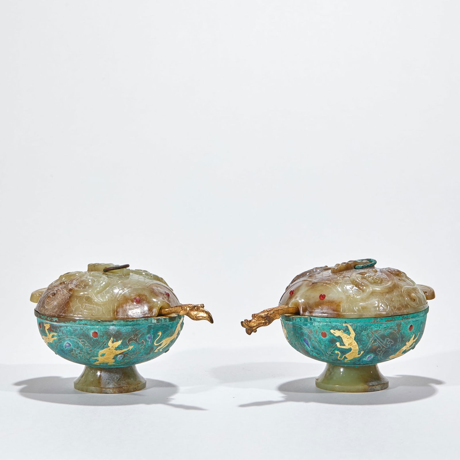 A Pair of Ritual Objects with Gold & Silver Inlay, Ancient Jade Top, and "Surplus Year after Year": Pair of Ancient Jade Ritual Objects with Gold-Silver Inlay “Surplus Year after Year”, 8cm × 12cm × 10cm