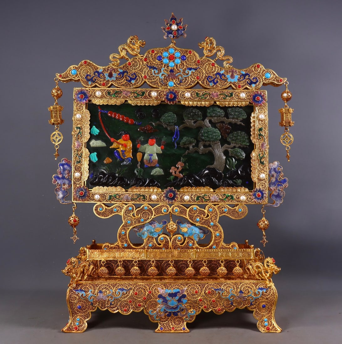 Filigree Gilded Screen Inlaid with Hotan Jasper and Eight Treasures, Design of "Joyful Boys": Filigree Gilt Jasper-Inlaid Screen “Boys at Play”, 46cm × 35cm × 12cm, 3096g