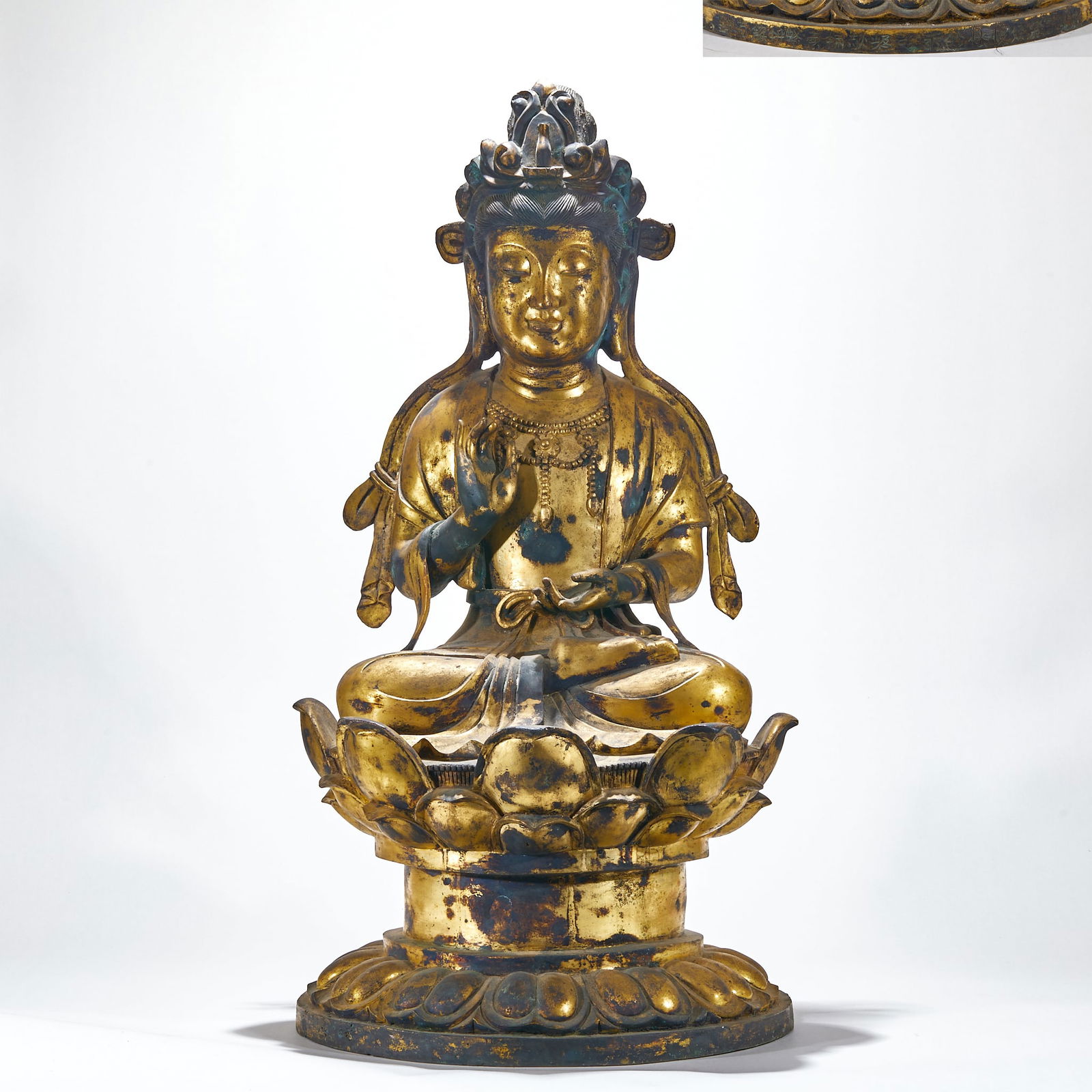 Gilded Bronze Guanyin Statue on Lotus Base: Gilt Bronze Avalokiteshvara on Lotus Base, 77cm × 42cm