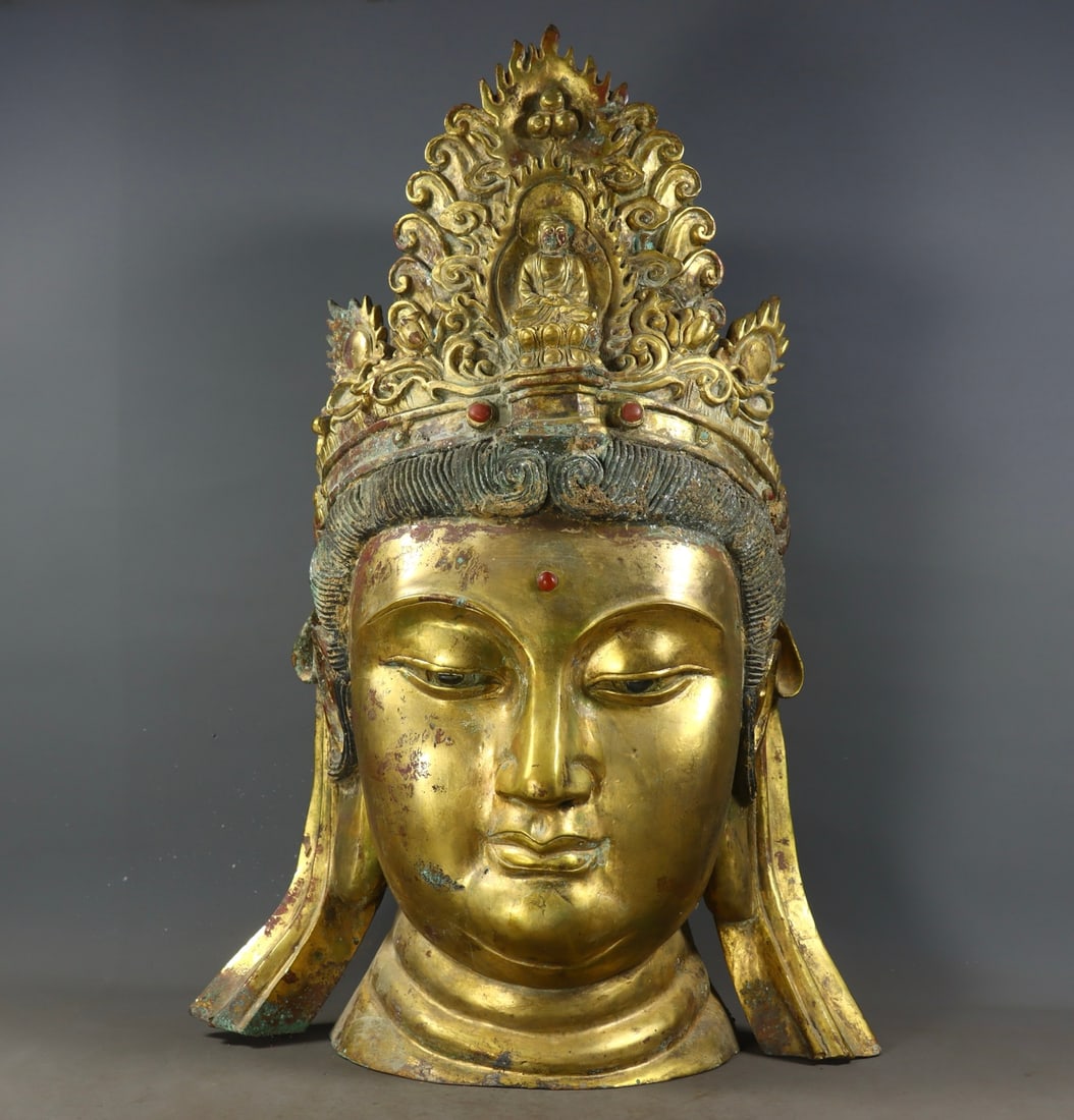 Gilded Copper Buddha Head Inlaid with Gemstones, Northern Wei Dynasty (1 of 9)
