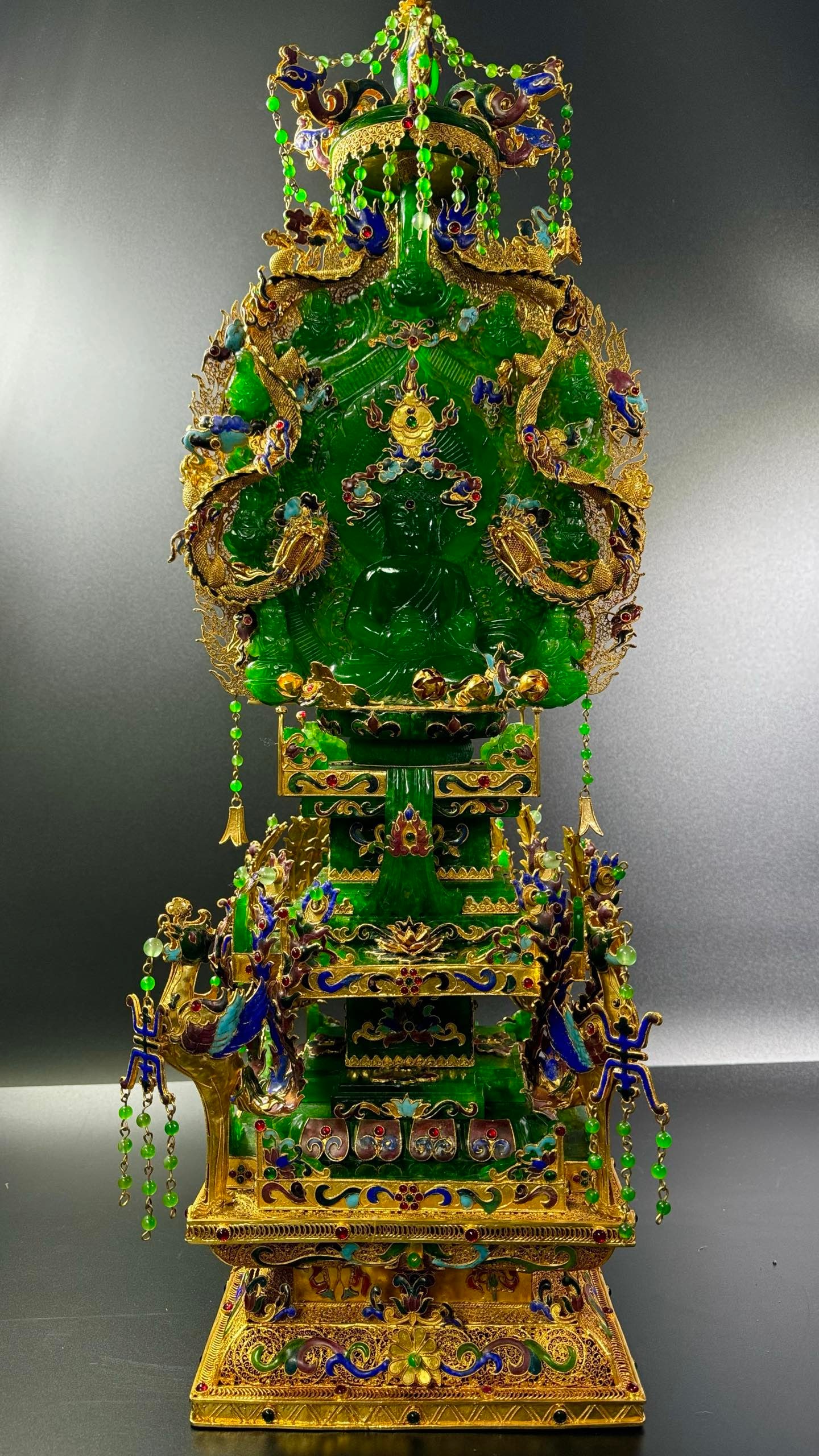 Gilded Filigree Inlaid with Jadeite Statue of Sakyamuni Buddha: Gilt Filigree Inlaid Jadeite Sakyamuni Buddha Statue, Height 72cm, Width 26cm, 10250g. A modern high-end craft ornament integrating traditional filigree and imperial statue styles. Copper gilt