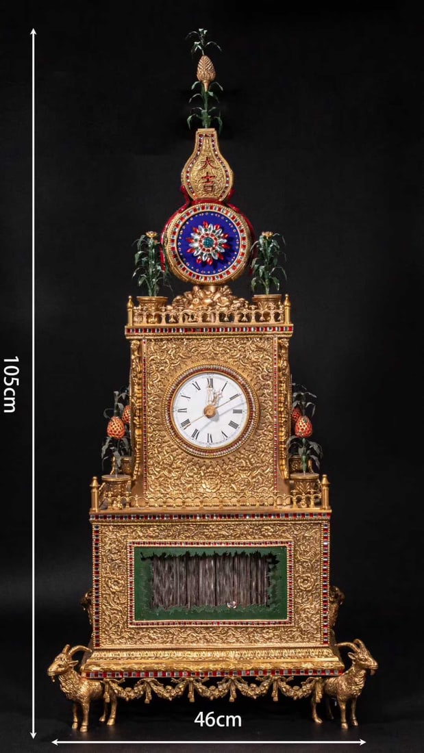 Qing Dynasty Imperial Palace Guangzhou Clock Ornament: Qing Dynasty Imperial Guangzhou Clock Ornament, Height 105cm, Width 46cm. A special export or imperial workshop piece from Guangzhou Thirteen Factories integrating Chinese and Western clock culture. G