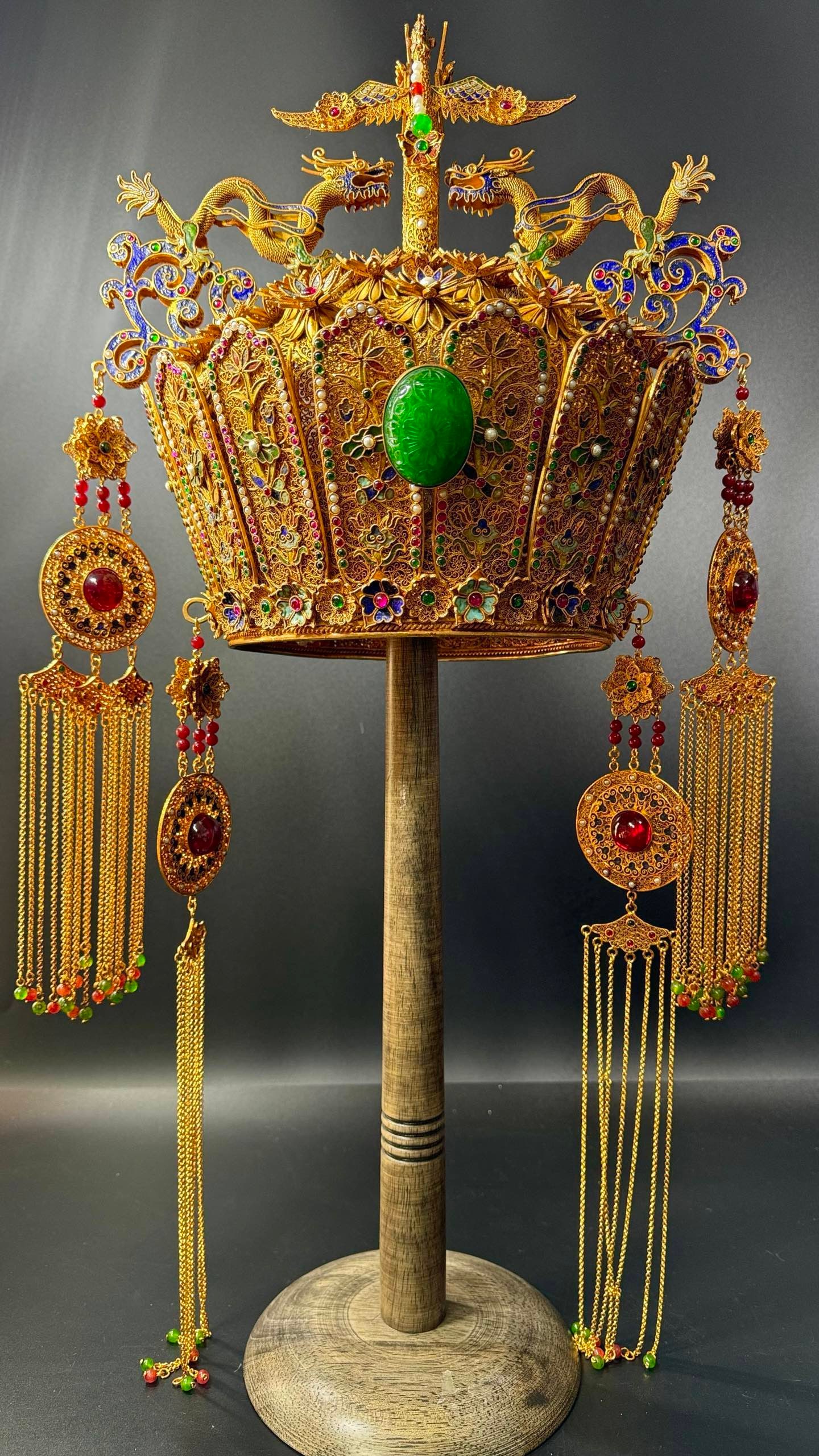 Gilded Filigree Inlaid with Jadeite, Pearls and Gemstones Phoenix Crown: Gilt Filigree Inlaid Jadeite Pearl Gem Phoenix Crown, Height 68cm, Width 40cm. Imitating Qing imperial concubine ceremonial crown style integrating intangible cultural heritage filigree inlay, a high-
