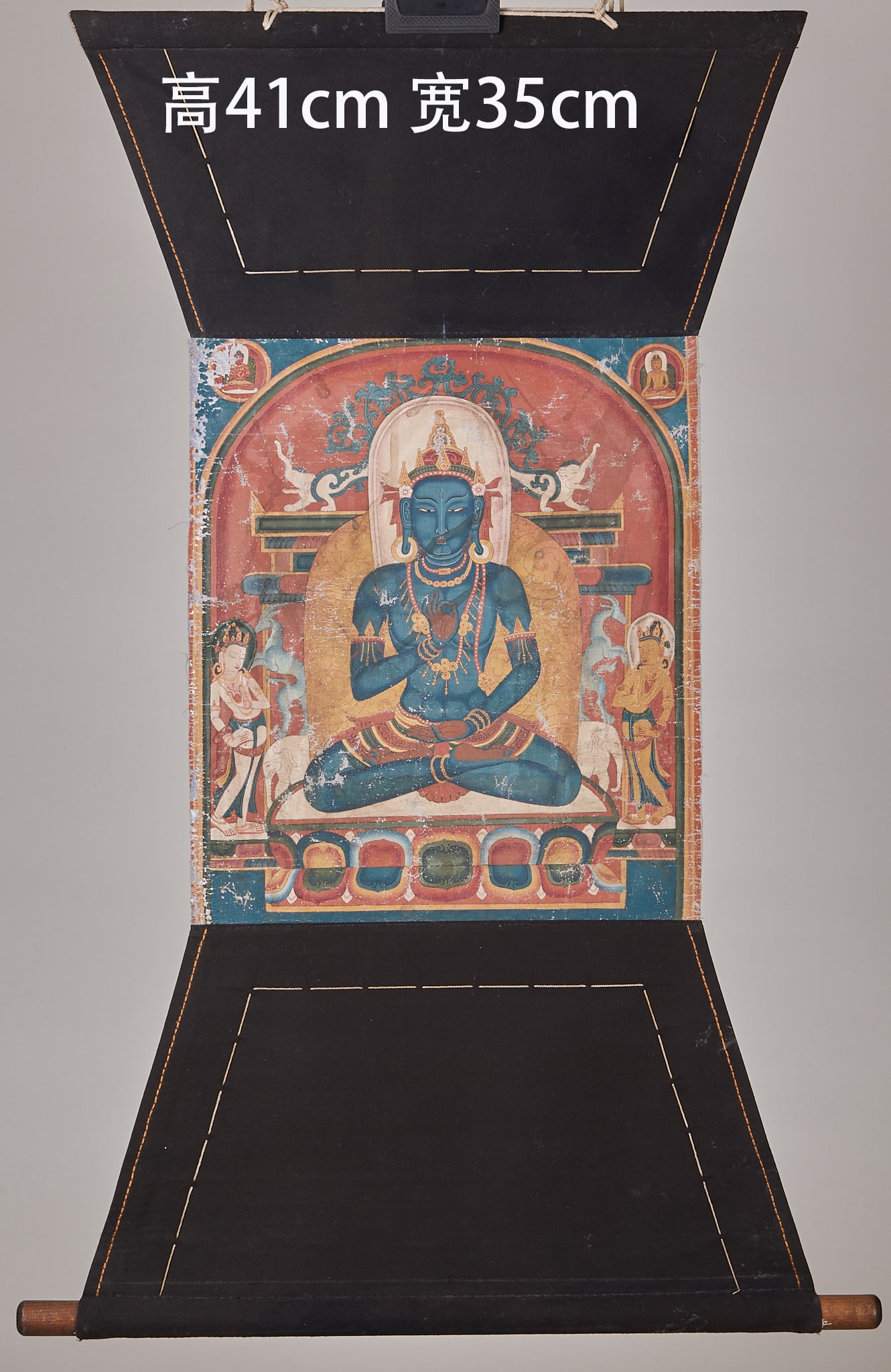 Tibetan Buddhist Thangka of Akshobhya Buddha: Tibetan Buddhist Aksobhya Buddha Thangka, Painting Core Height 41cm, Width 35cm. A Gelug or Nyingma sect Tibetan Buddhist thangka from Tibetan or Qinghai temples for meditation and blessing. Painted o