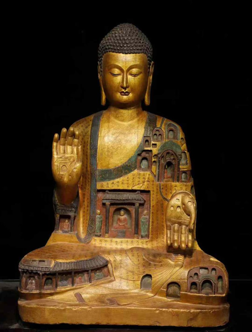 Northern Qi Bluestone Gilded and Painted Giant Buddha (Crafted with Hand-Painted Scriptures and: Northern Qi Bluestone Gilded Polychrome Giant Buddha (Hand-Drawn Sutras, Pavilion Grotto Craftsmanship), Height 106cm, Width 76cm, Thickness 55cm. A Buddhist statue of the Northern Qi period