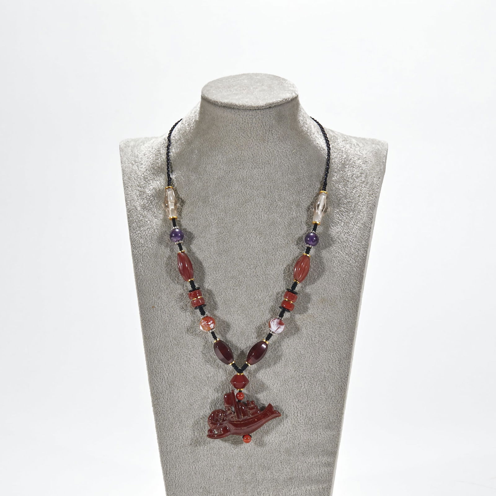 Beeswax "Smooth Sailing" Pendant with Crystal, Amethyst and Agate Beads: Amber "Smooth Sailing" Pendant with Crystal, Amethyst and Agate Beads, Amber Length 5.6cm, Width 3.5cm. A modern scholarly ornament integrating traditional auspicious meanings and multi-treasure craft