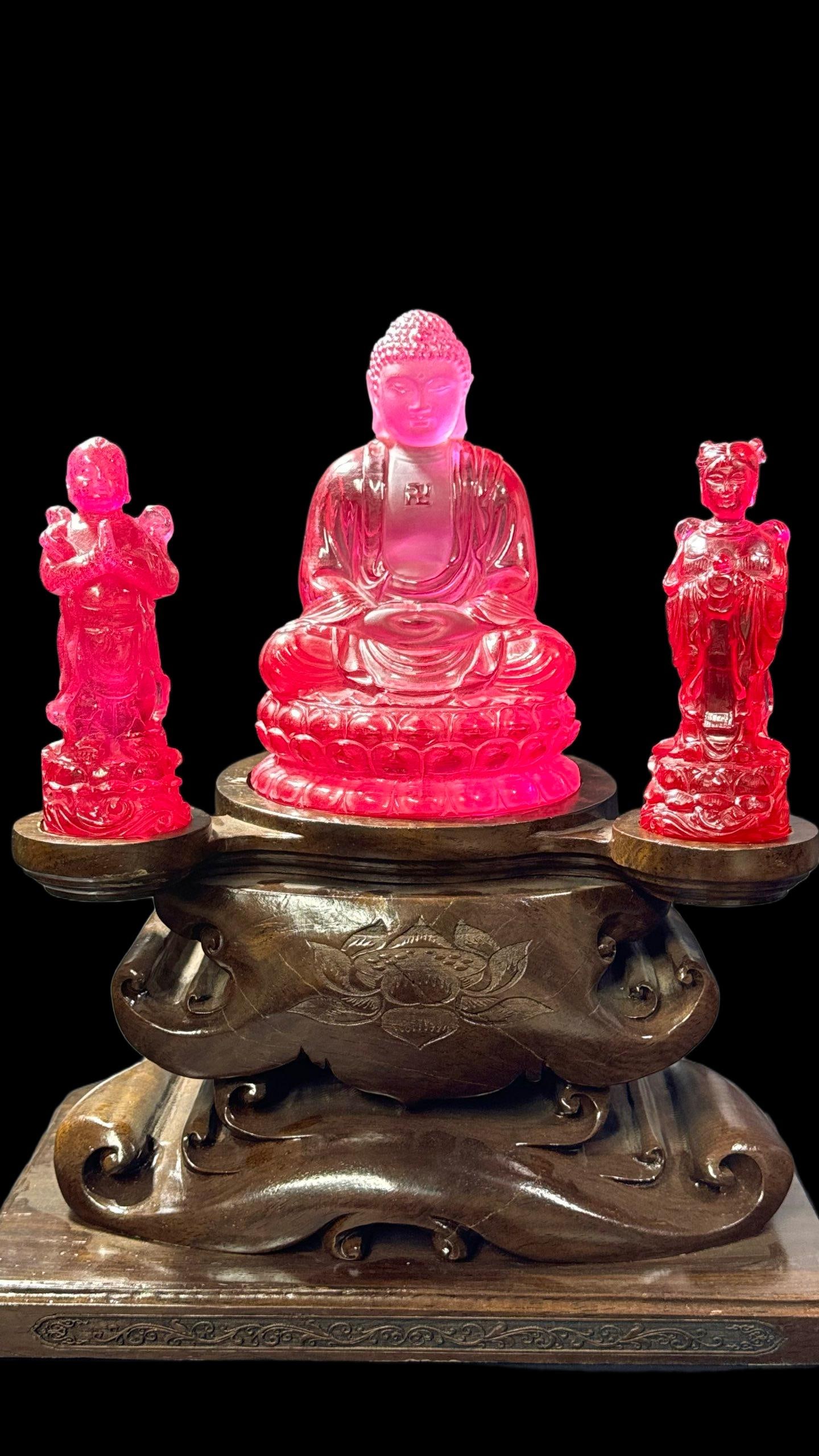 Natural Color Ruby Statue of Boy Worshipping Buddha (Ruby Hardness 10): Natural Color Ruby "Boy Worshiping Buddha", Hardness 10, Total Height 26cm, Length 20cm. A Buddhist offering carved from top-grade natural ruby, symbolizing purity and devotion. Natural ruby