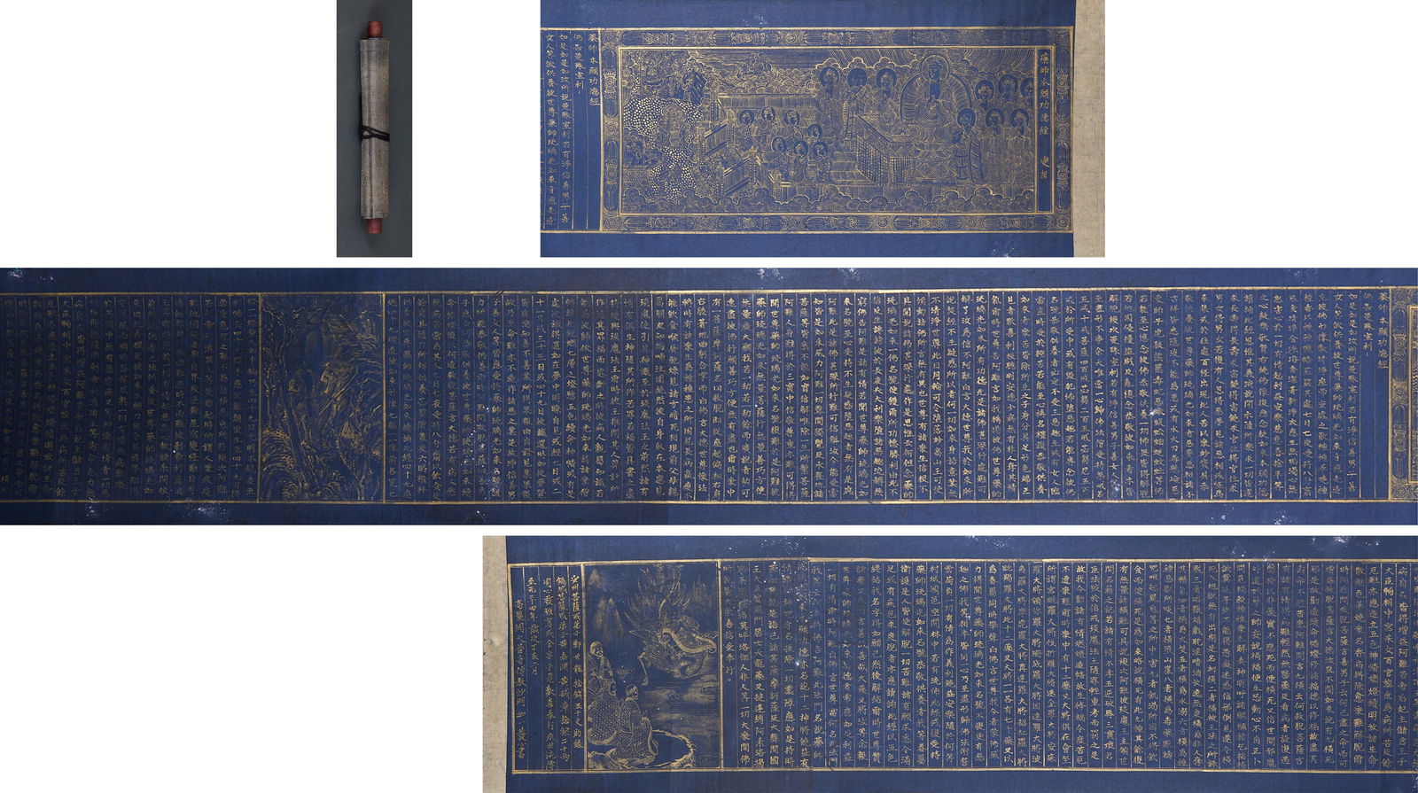 Hand-Copied Gold-Decorated Sutra of the Merits of the Original Vows of Medicine Buddha: Hand-Copied Gold-Decorated Medicine Buddha Sutra of Original Vows and Merits , Length 294cm, Width 29cm