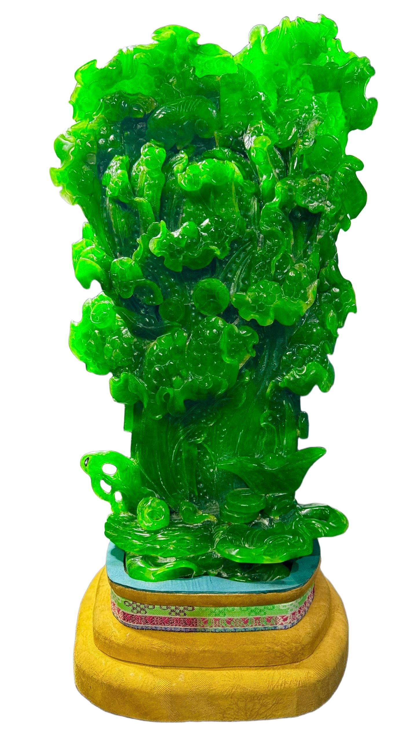 High-Ice Intense Green Jadeite Cabbage (Hundred Riches, Attracting Wealth and Treasures): High-Ice Intense Green Jadeite Cabbage [Hundred Fortunes, Attracting Wealth and Treasures], height 49cm, width 26cm. Modern jadeite carving ornament crafted from top-grade jadeite, homophonic for