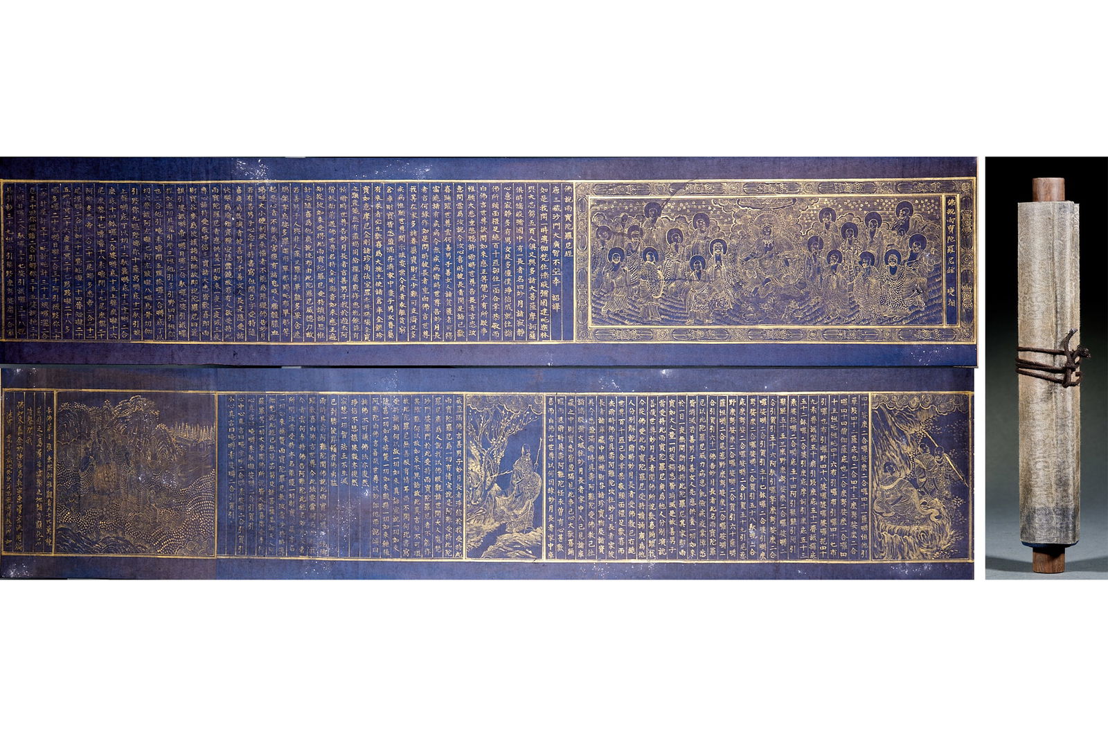 Sutra of the Rain of Jewels Dharani: Sutra of the Rain of Treasures, length 286cm, width 28cm. Ancient Buddhist scripture scroll from temple collections, symbolizing wealth and blessings. Indigo paper base written in gold mud with a wood