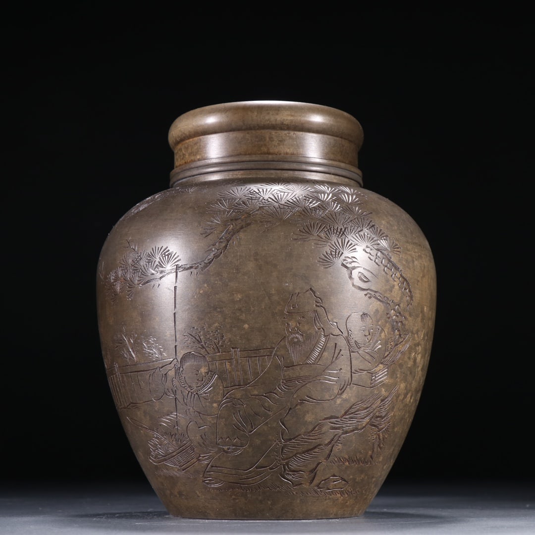Tin Tea Caddy with Carved Figure Stories and Poems, Marked Qianmao Zizao: Tin Tea Caddy with Figure Stories and Poems, marked “Qianmao Made”, height 16cm, width 13.5cm, weight 870g. Qing dynasty literati elegant vessel by Qianmao Hao, used for study and tea