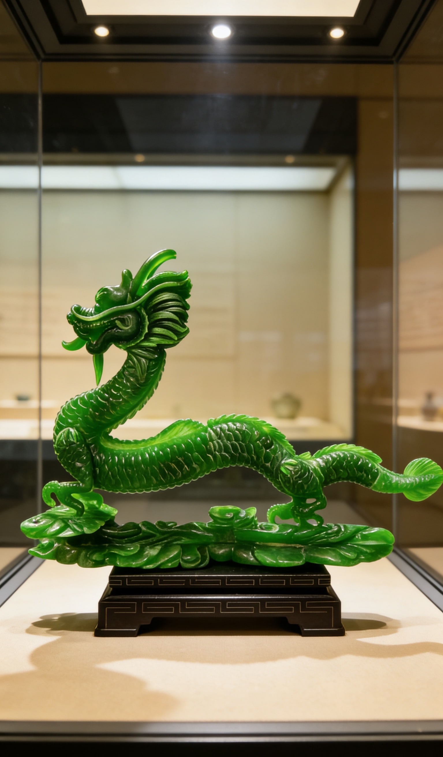 High-Ice Intense Green Jadeite Ornament (Dragon Soaring in a Prosperous Age): High-Ice Intense Green Jadeite Ornament [Dragons Prosperous in a Flourishing Age], height 30cm, length 50cm. Modern jadeite carving ornament crafted from top-grade jadeite, symbolizing soaring and