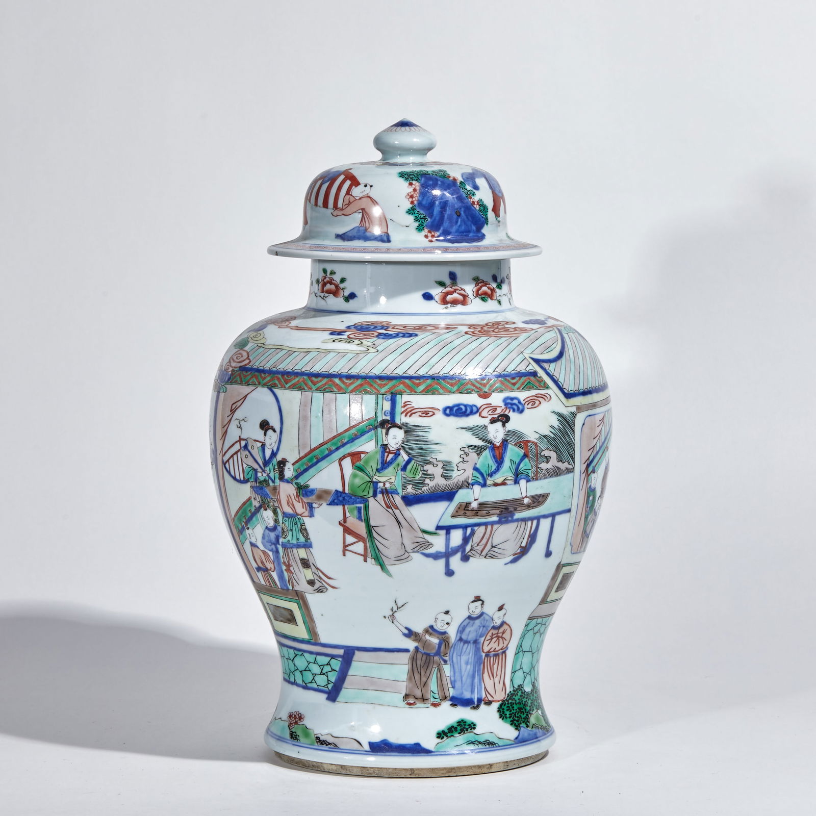 Qing Dynasty Lidded Jar with Multicolored Figure Story Patterns: Qing Dynasty Five-Color Glazed Covered Jar with Figure Stories, height 41cm, diameter 24cm. Fine folk kiln porcelain from Kangxi to Qianlong periods, hall furnishing porcelain symbolizing life charm.