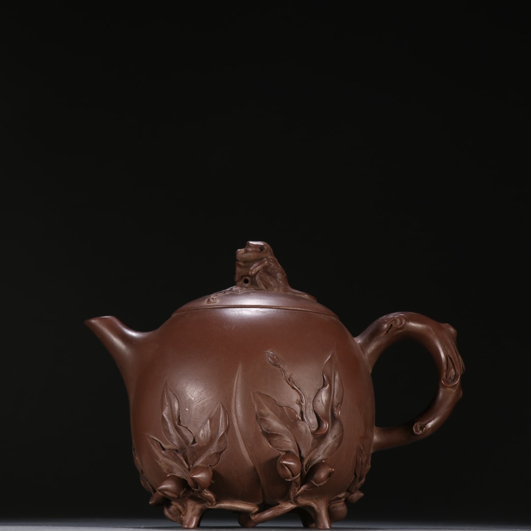 Teapot with Hundred Sons and Thousand Grandsons, Marked Wang Yinxian: Zang Yinxian Mark Teapot “Hundred Sons and Thousand Grandsons”, height 13.8cm, width 16.5cm. Modern purple clay work by renowned artist Zang Yinxian, a representative purple clay flower