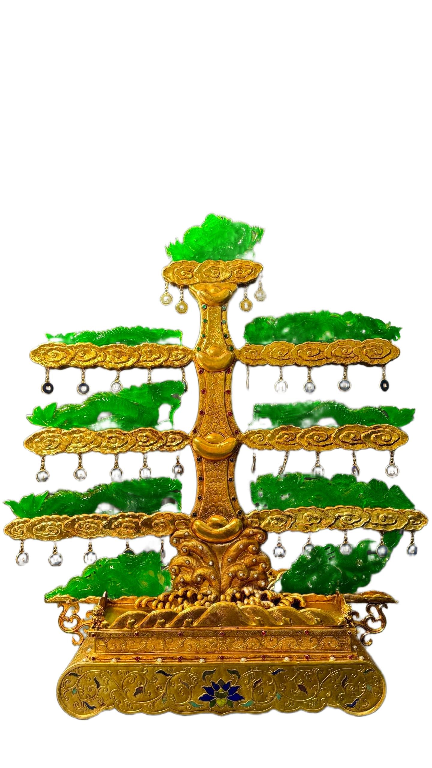 Gilded Inlaid Integral Jadeite (Nine Dragons): Gilded Inlaid Integral Jadeite (Nine Dragons) height 62cm, width 55cm. Qing dynasty imperial court furnishing treasure, symbolizing imperial power and auspice, a royal-level craft collection. Main