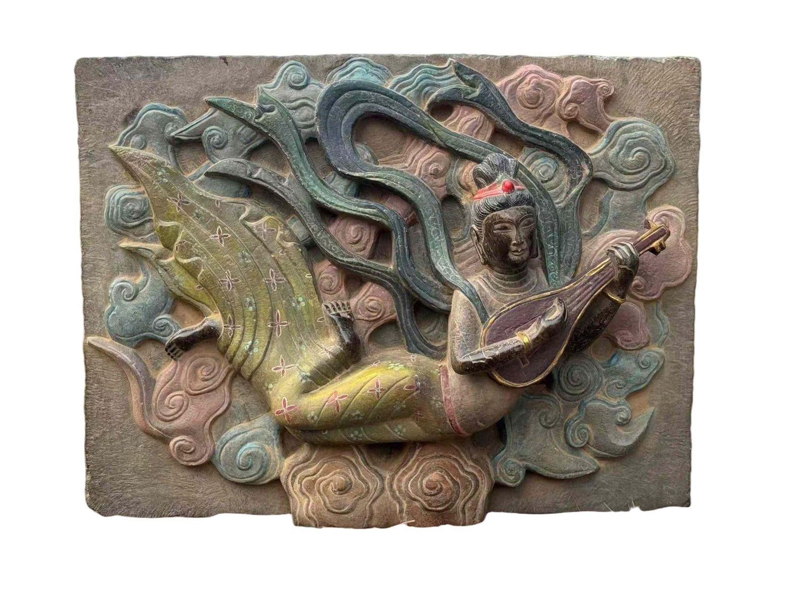Bluestone Mural Flying Apsaras: Bluestone Mural Flying Apsara, height 52cm, length 70cm, width 18cm. Tang to Song grotto or temple mural remnant, classic Buddhist art theme. Bluestone body with mineral pigments and remaining