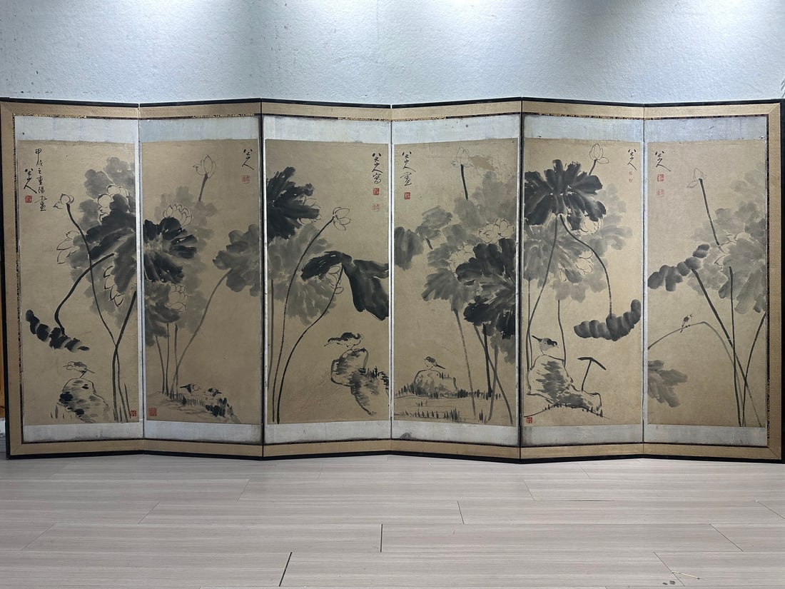 Screen by Bada Shanren: Bada Shanren Screen, height 138cm, length 354cm. Qing dynasty Kangxi period work by Bada Shanren (Zhu Da), classic literati painting and major collection piece. Ink on paper mounted as six-panel