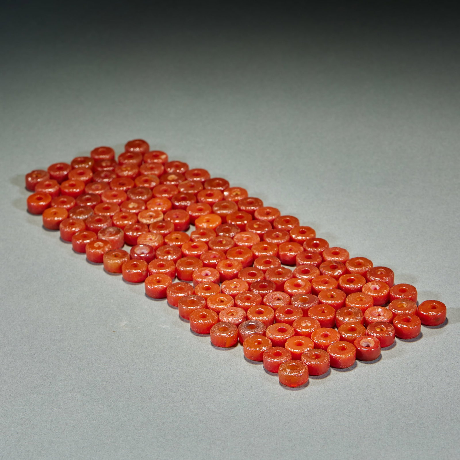 Set of 126 Agate Beads: Group of One Hundred and Twenty-Six Agate Beads, single bead diameter 1.4cm. Warring States-Han dynasty noble pendant set component, ritual ornament. Natural red agate with rich transparent color and