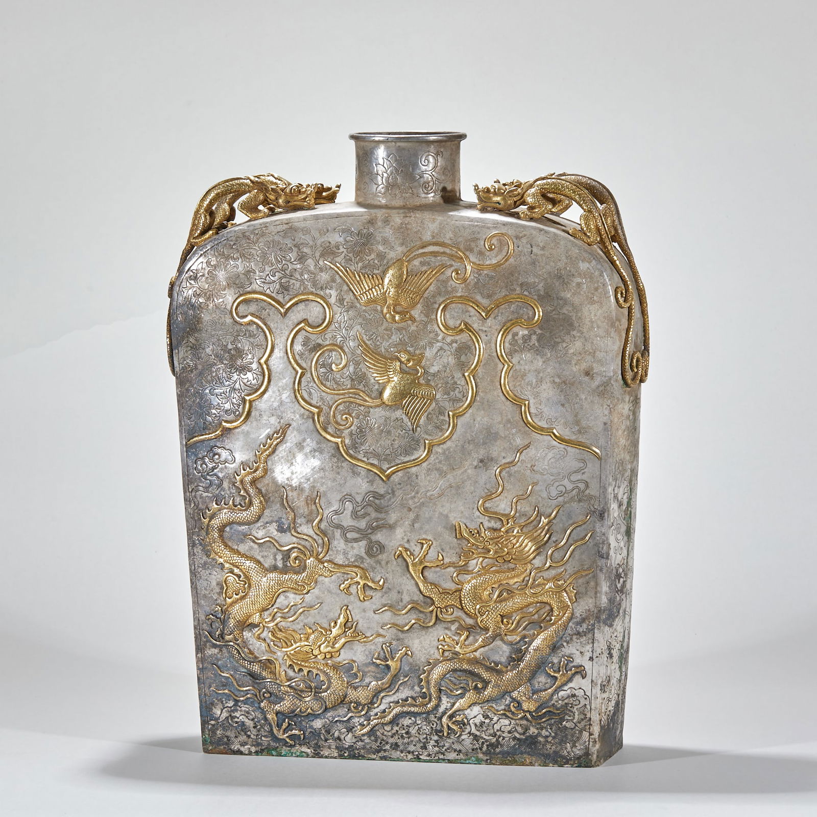 Silver Gilded Flat Pot with Dragon and Phoenix Patterns - 5