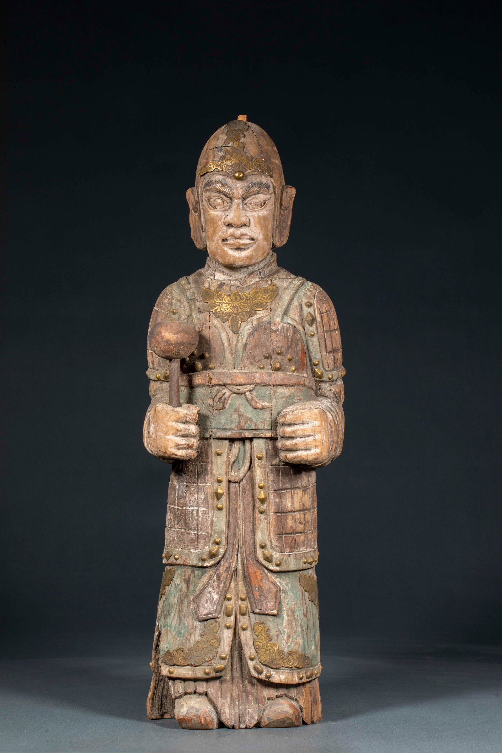 Pre-Ming Dynasty Colored Warrior Statue: Pre-Ming Painted Warrior Statue, height 49cm, diameter 15.5cm, width 9cm. Buddhist guardian statue (such as Skanda, Vajra) of the Song, Yuan to Ming dynasties from temples. Wooden body coated with min