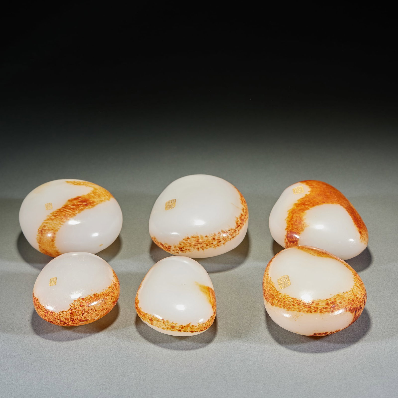 Set of Six Hetian Jade Rough Stones: Group of Six Hotan Jade Rough Stones, thickness 3.5cm, length 12.5cm, width 8cm. Hotan jade seed materials from the Yurungkash River, Xinjiang, natural river-washed playing or hand-held materials. Hot