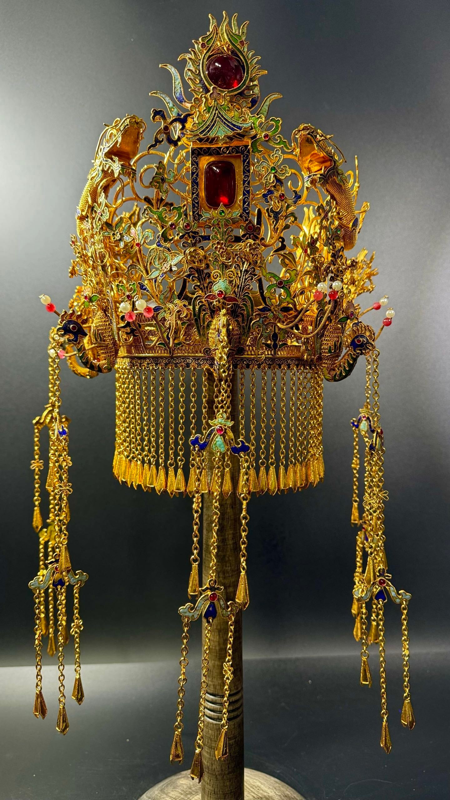 Gilded Filigree Phoenix Crown Inlaid with Pearls, Jadeite and Gemstones: Gilded Filigree Pearl, Jadeite and Gem Inlaid [Phoenix Crown], height 50cm, width 30cm. A ceremonial crown for court or noble women of the Qing Dynasty, representing the peak of "filigree inlay"