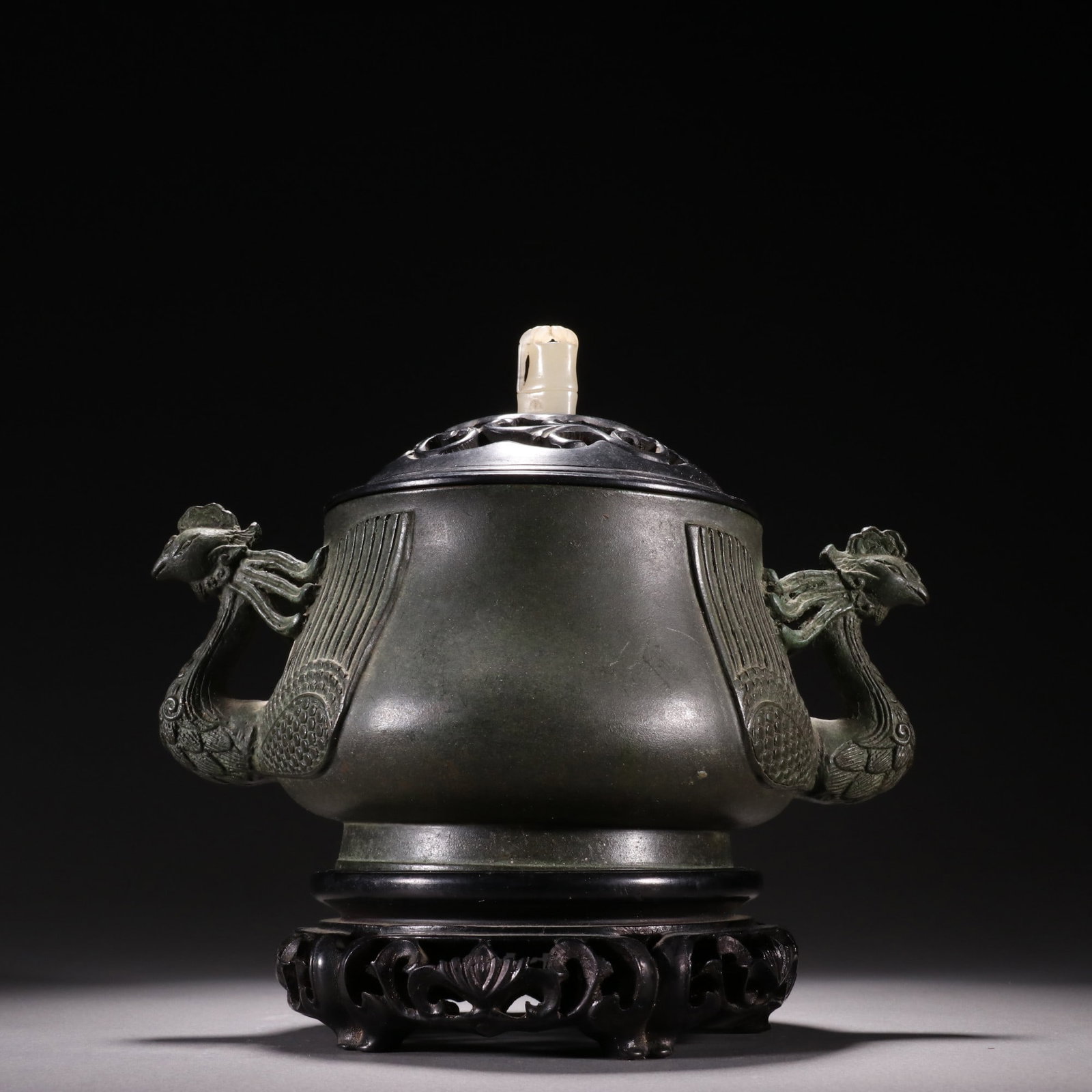 Copper Body Incense Burner with Double Phoenix Ears: Copper Body Double Phoenix Ear Incense Burner, height 19cm, width 21.4cm, weight 2367g. A study or temple vessel from the Ming Dynasty to early Qing Dynasty, a fine copper furnace matched with a jade
