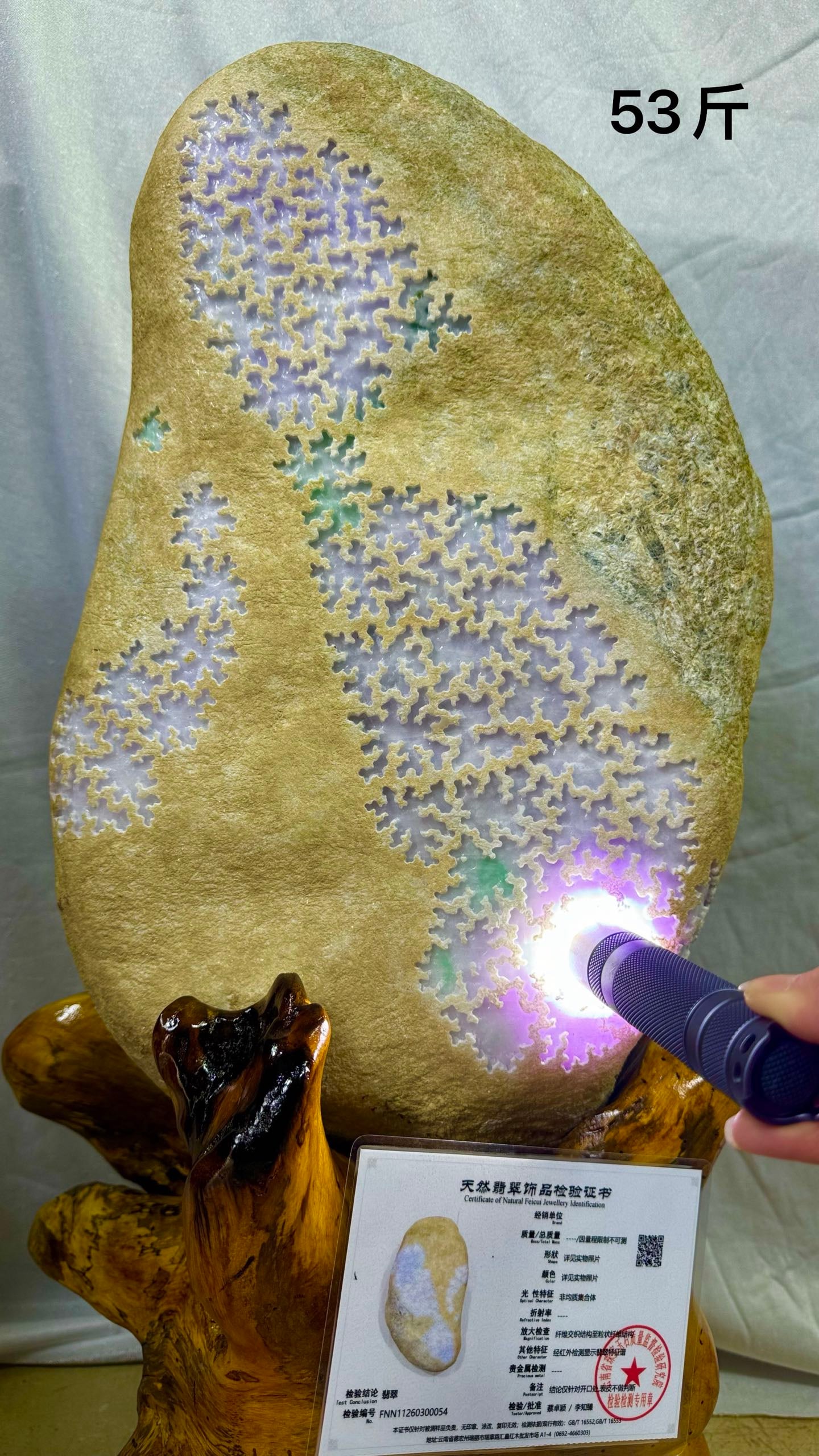 Grade A High-Ice Violet Jadeite Rough Stone with Spring Colors, 53 Jin: Grade A High-Ice Violet Spring-Color Jadeite Rough Stone, 53 jin, height 43cm. Mined from Myanmar jadeite mining areas, a modern top collector-grade jadeite rough stone with natural windowing and