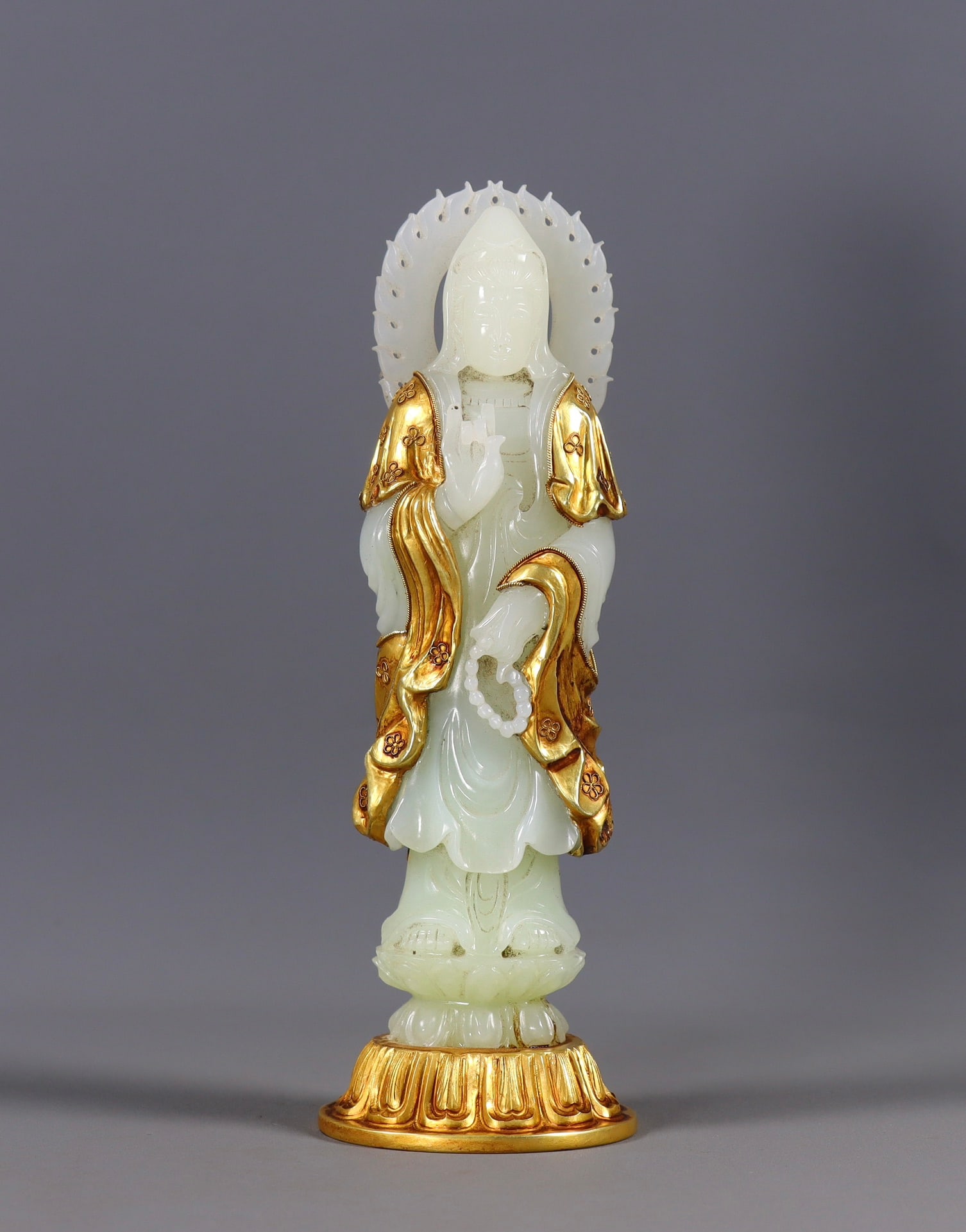 One Pure Silver Gilded Guanyin Statue Inlaid with Hetian Jade (1 of 9)