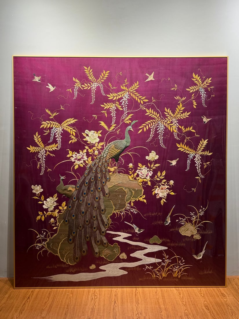 Large-Size Fine Embroidery of Flowers and Birds: Large Fine Flower and Bird Embroidery, length 206cm, width 190cm.