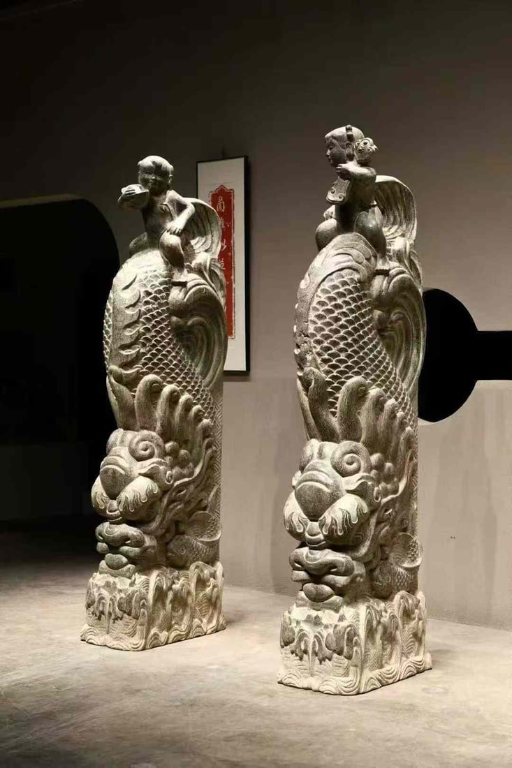 Qing Dynasty Bluestone Door Guards: Qing Dynasty Blue Stone Door Guardian, height 253cm, length 75cm, width 40cm.
