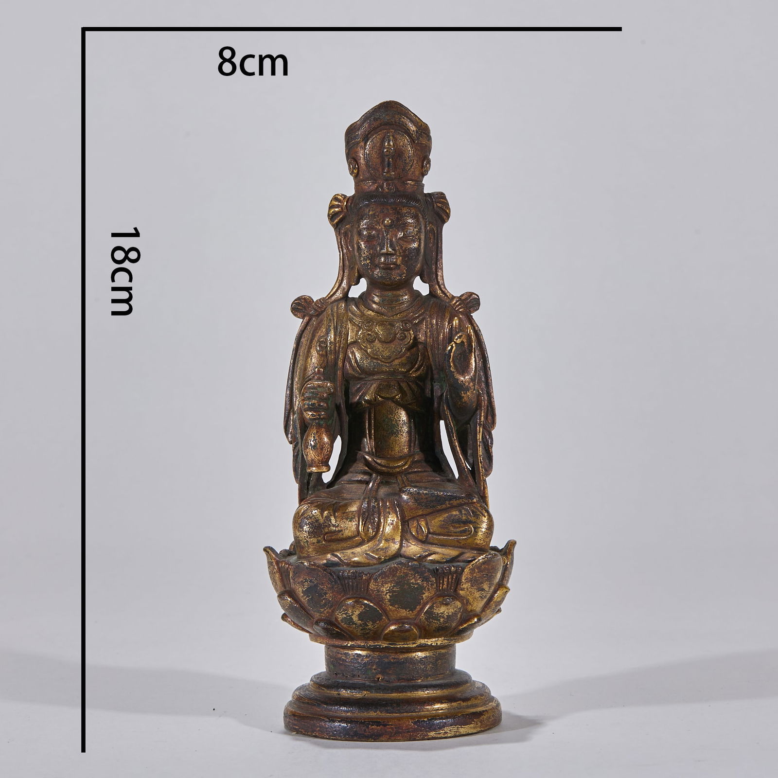 Copper Gilded Statue of Manjushri Bodhisattva: Gilded Copper Manjushri Bodhisattva Statue, height 18cm, length 8cm, width 7.5cm.
