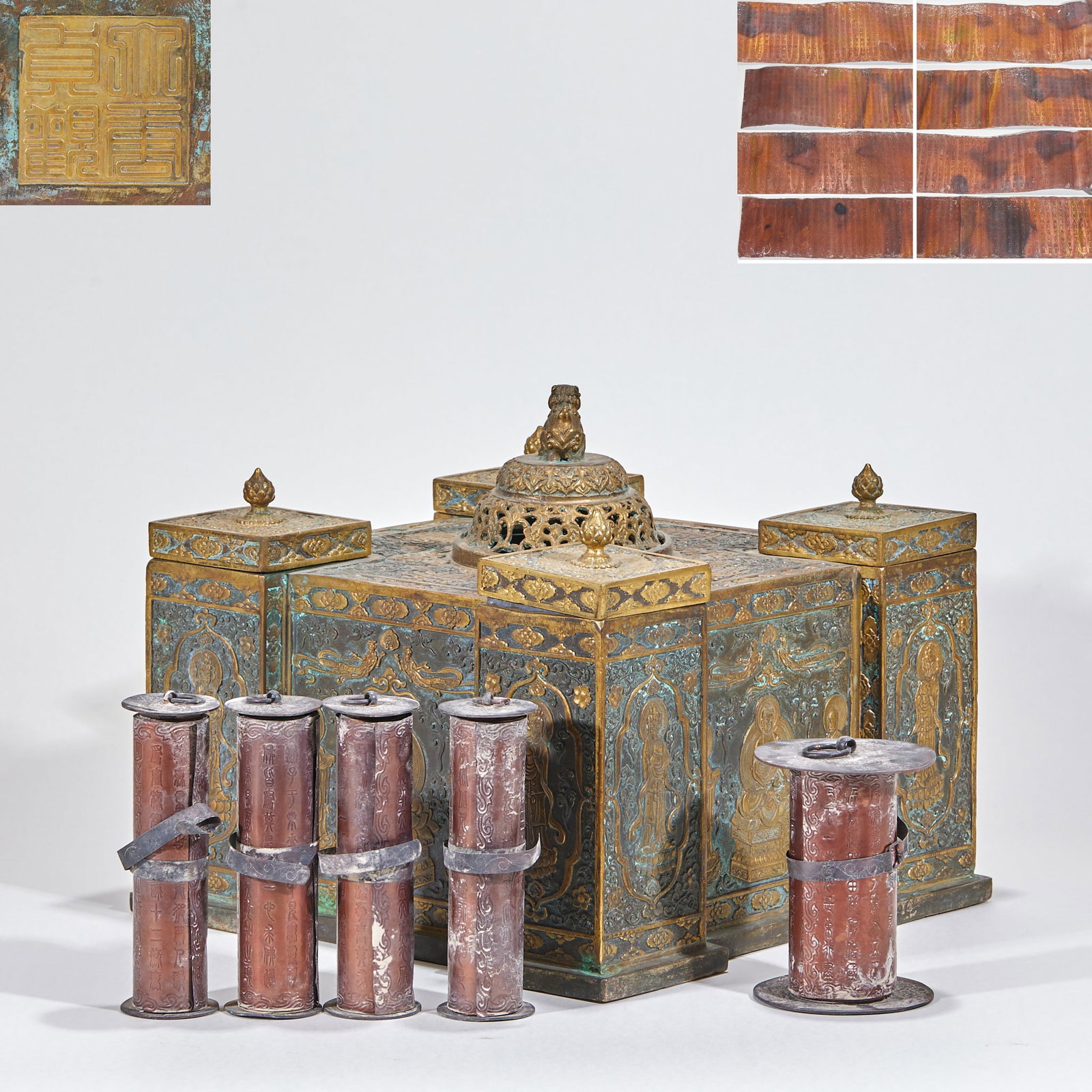 Zhenguan Period, Tang Dynasty Copper Gilded Set with Five Volumes of Pure Silver Scriptures Inside: Made in the Zhenguan Reign of the Great Tang, Gilded Copper Set with Five Volumes of Pure Silver Scriptures Inside, scripture length 107cm, width 13cm, weight 11500g.