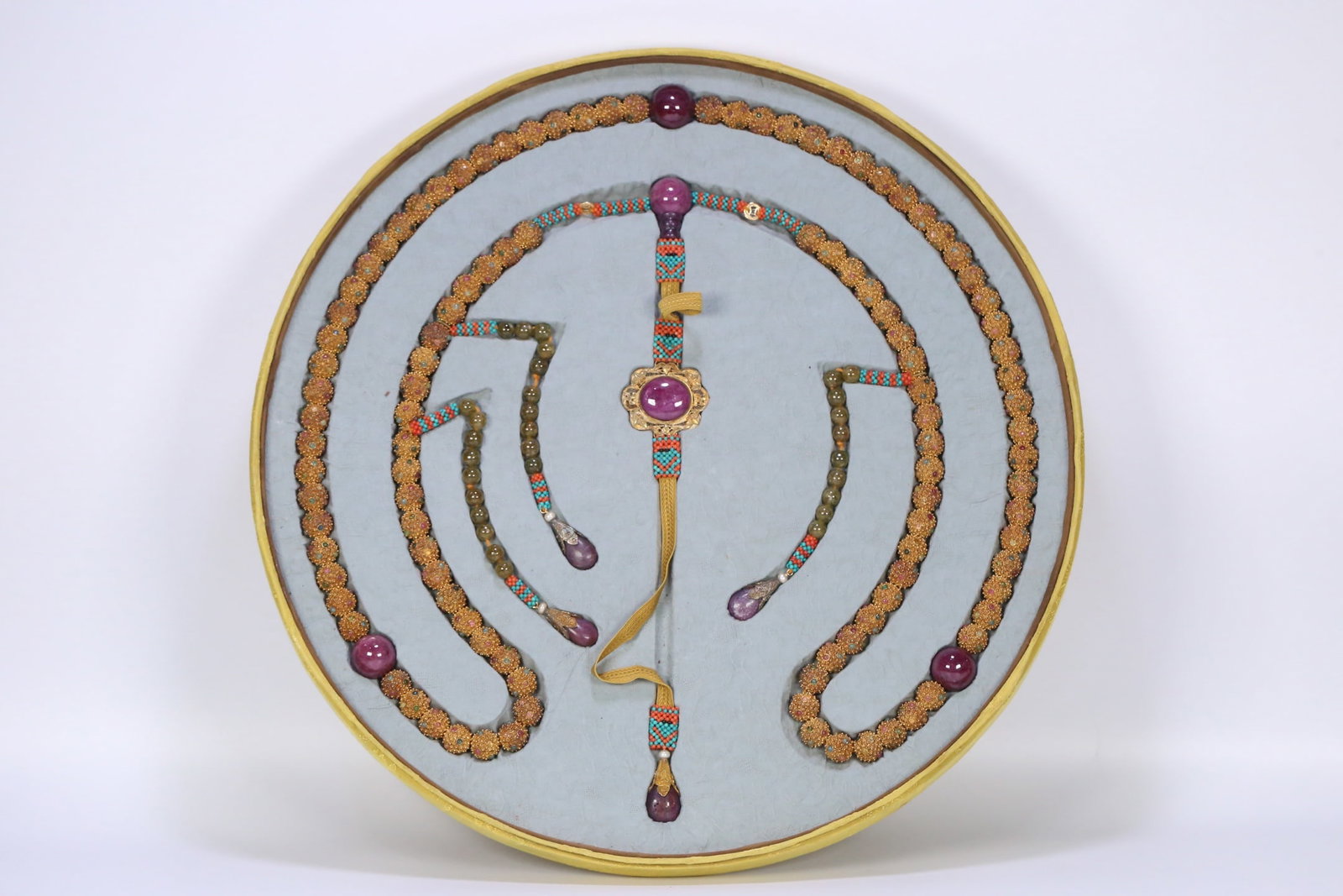 Qing Dynasty Imperial Court • Silver Gilt Filigree Court Beads Inlaid with Tourmaline & Gemstones: Qing Court Silver Gilt-Inlaid Tourmaline and Gemstone Court Necklace, Diameter 1.8cm, 730g. Made in the Qing Court Imperial Workshop, used ceremonially by emperors, empresses, princes, nobles and high