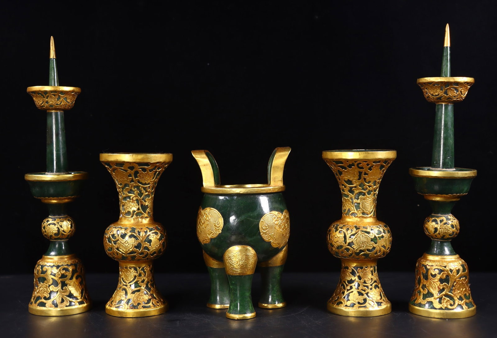 A Set of Hetian Jasper Vessels with Gold Mounting & Gemstone Inlay (Five Sacrificial Vessels): Hetian Green Jade Gold-Wrapped and Gem-Inlaid Five Sacrificial Vessels Set, Censer Height 16.5cm, Diameter 8cm, Flower Vase Height 15.5cm, Mouth Diameter 7cm, Candlestick Height 27cm, Diameter 6cm, 27