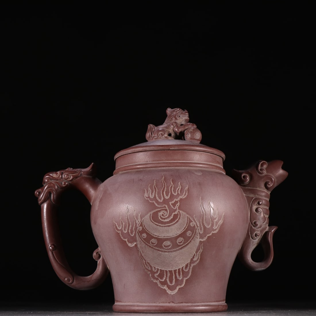 Zisha Teapot with Lion Rolling Ball Knob, Mark of Xu Hantang: Xu Hantang Mark Zisha Teapot with Lion Rolling Ball Knob, Height 18.7cm, Width 23.6cm. Modern period (Xu Hantang, one of Seven Zisha Elders, Yixing masterwork, surviving piece). Yixing raw zisha clay