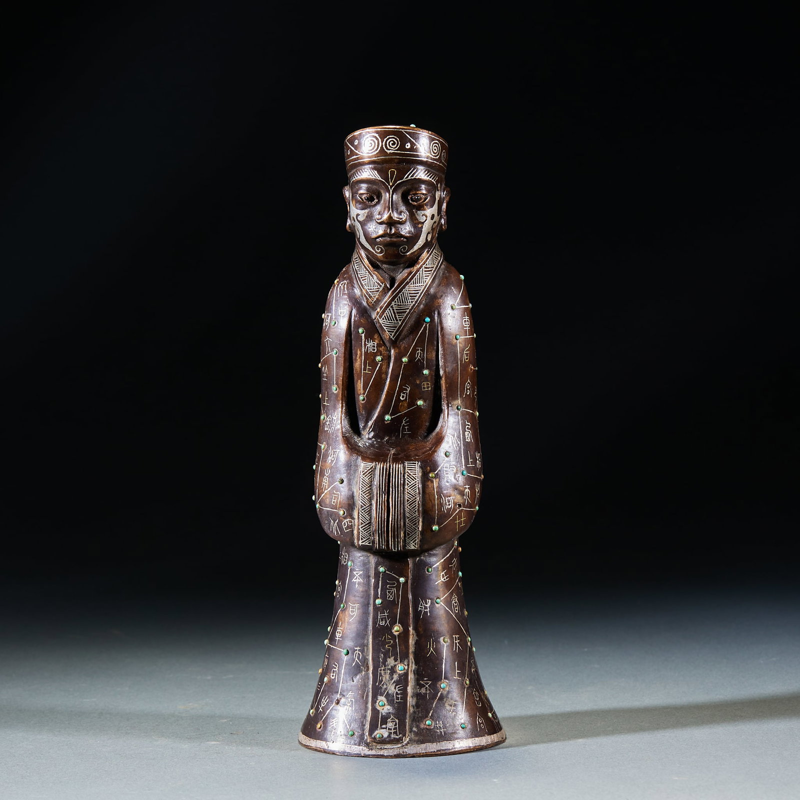 Gold & Silver Inlaid Star Chart Figure Figurine with Turquoise Inlay: Inlaid Gold and Silver Turquoise Star Pattern Human Figurine, Height 23cm, Length 7.5cm, Width 7.7cm, Weight 924g, Warring States Period / Han Dynasty (Noble Utensil of Central Plains Kingdoms, Excava