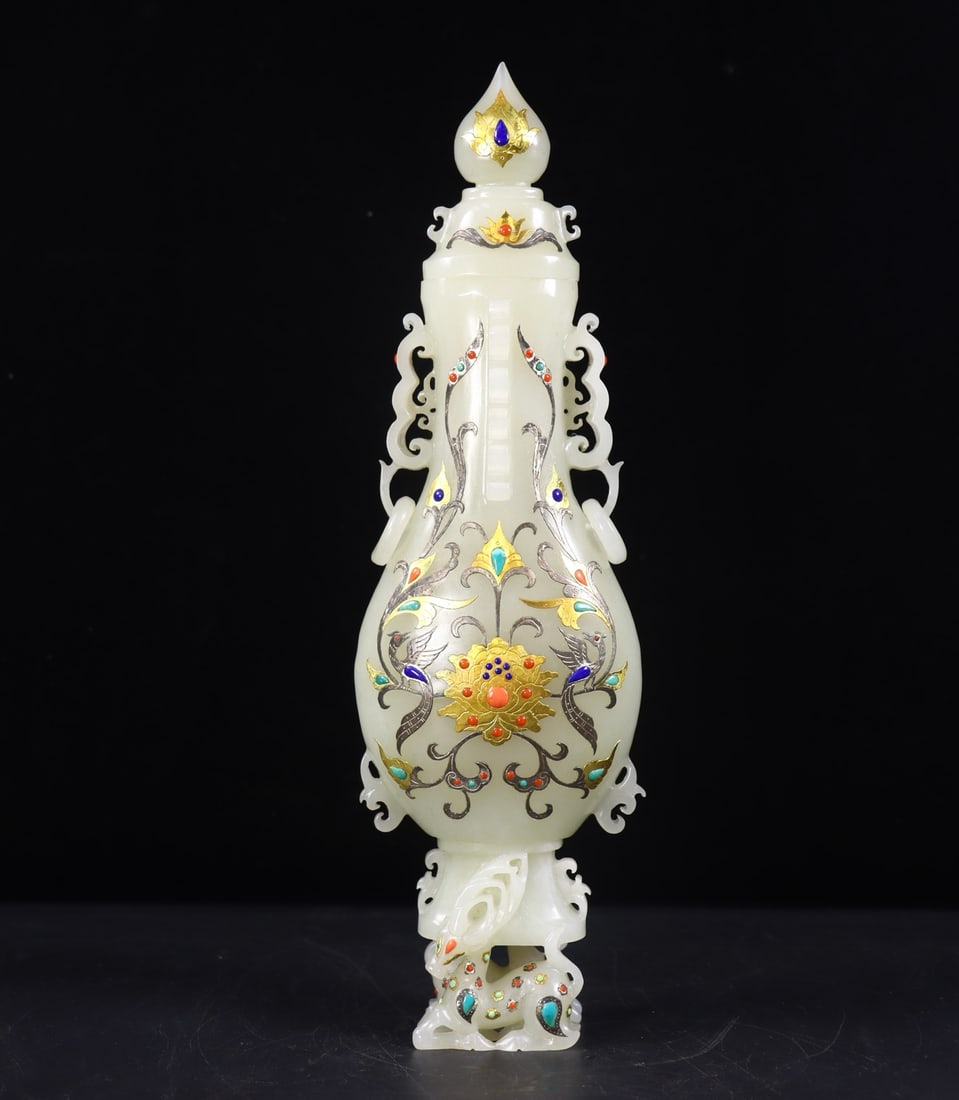 Hetian Jade Double-Eared Vase with Pure Gold & Silver Inlay & Gemstone Mounting: Hotan White Jade Vase with Gold, Silver and Gemstone Inlay and Twin Handles, Height 28.5cm, Length 8cm, Width 4.5cm, Weight 743g, Qing Dynasty Imperial Workshop (Imperial Display Object, Handed