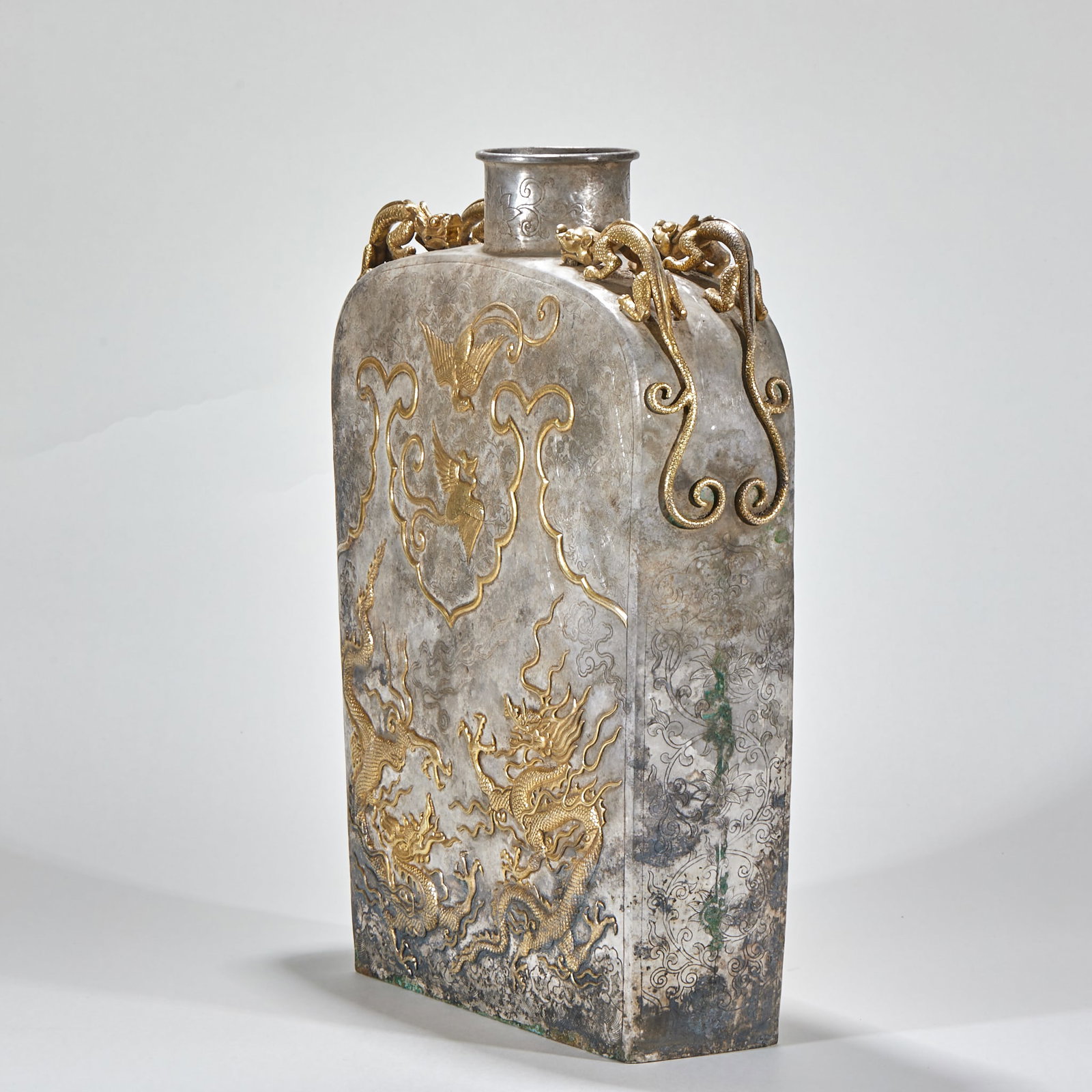 Gilt Silver Flat Flask with Dragon & Phoenix Pattern - 10