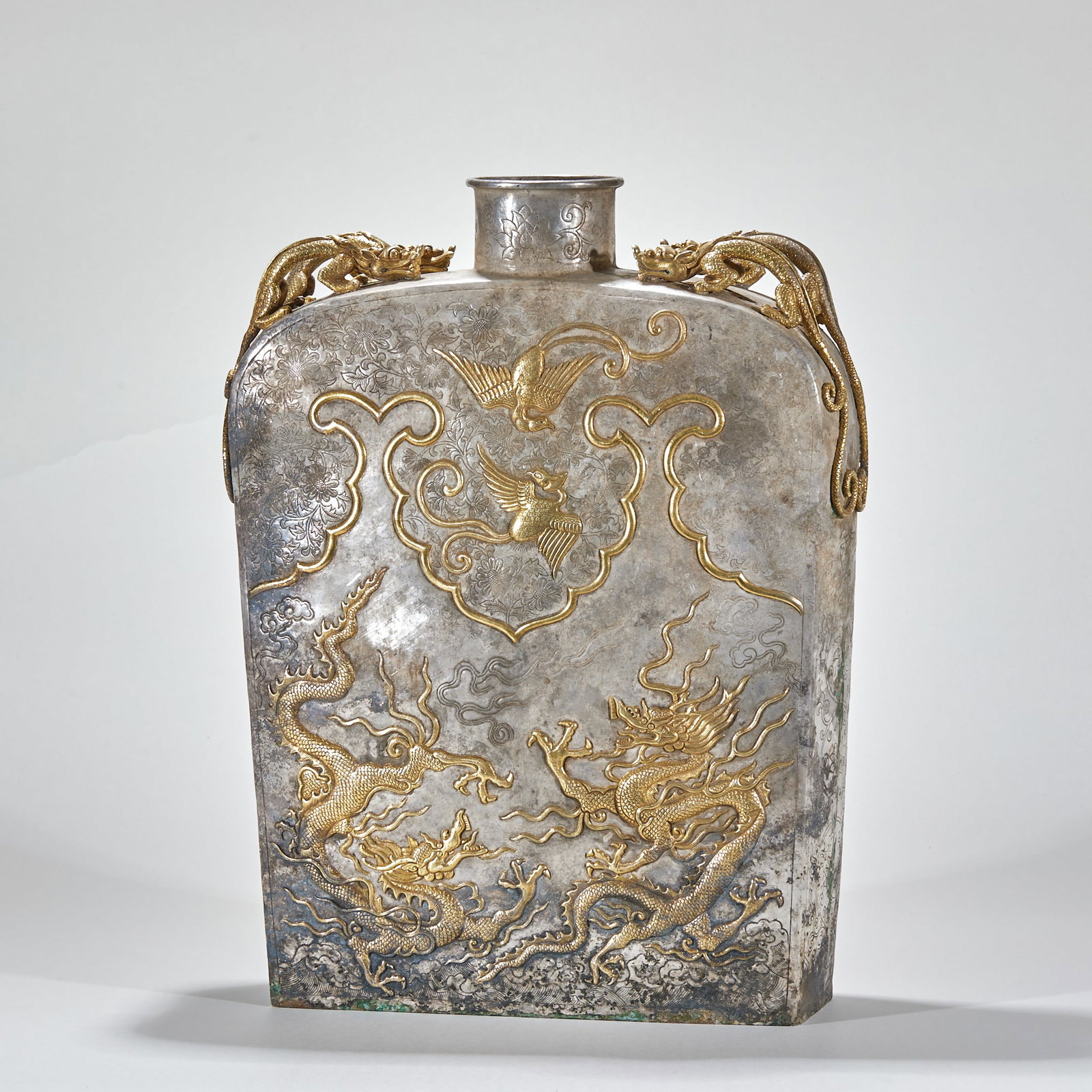 Gilt Silver Flat Flask with Dragon & Phoenix Pattern - 5