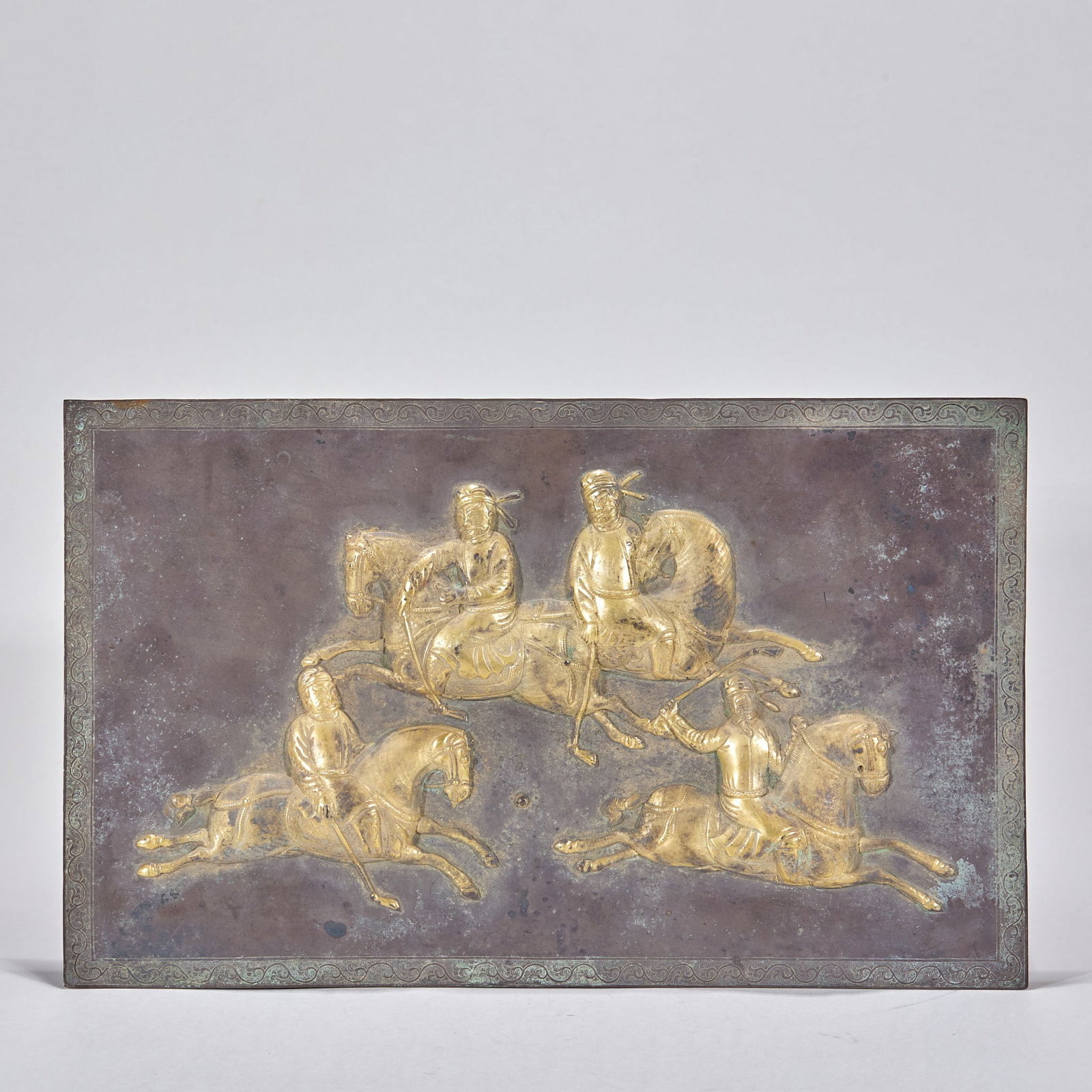 Pre-Ming Dynasty • Gilt Silver Plaque with Polo Scene: Pre?Ming Gilt Silver Plaque Depicting Polo Game. Length 36cm, Width 22cm, 600g. Tang Dynasty (Ancient Aristocratic Object, Excavated / Heritage Piece). Materials: Solid Silver, Full Gilding.