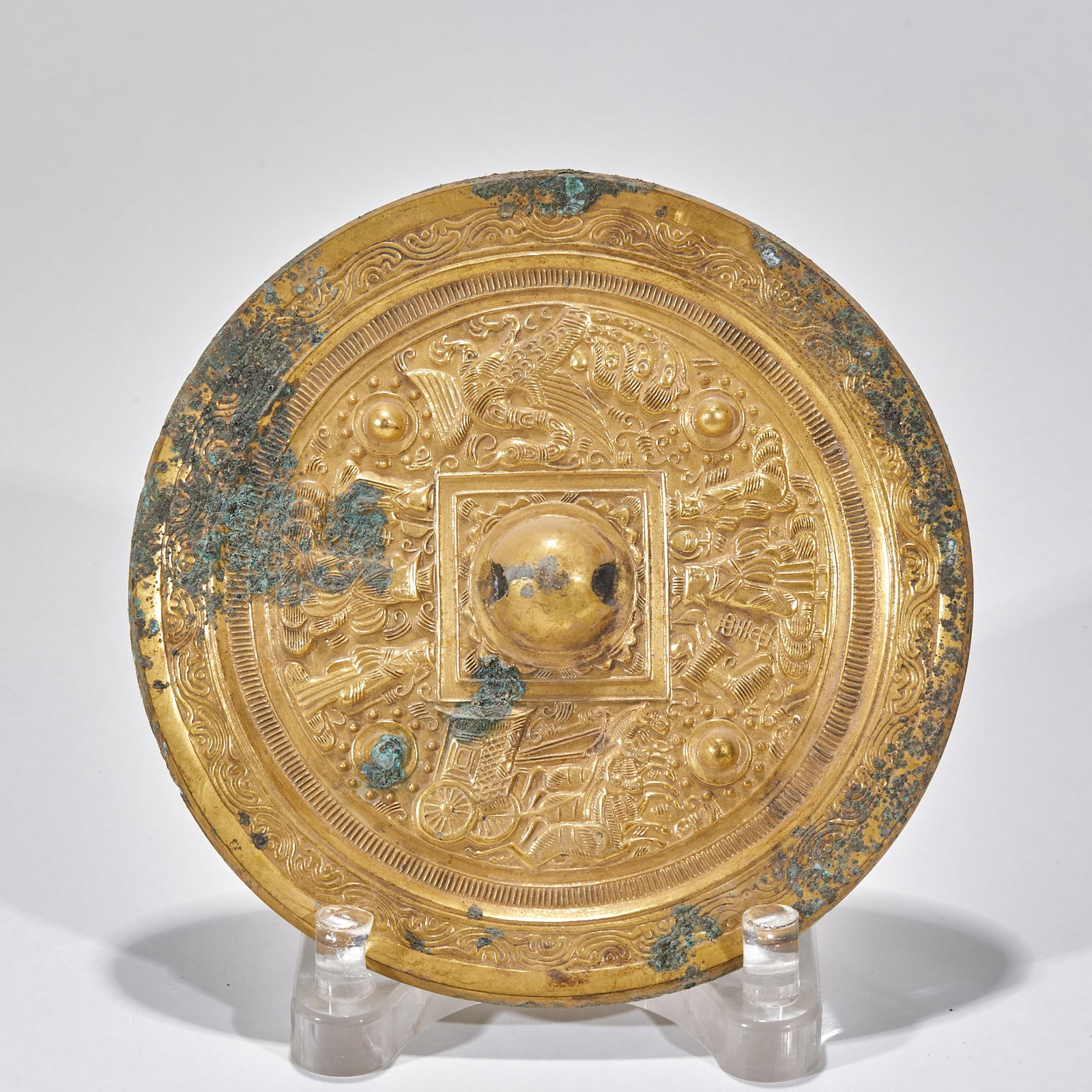 Bronze Mirror with Figural Scenes, Gilt Bronze, Pre-Ming Dynasty: Gilt Bronze Mirror with Figure Story, Pre-Ming Period, Diam.18cm 842g. Han-Tang aristocratic dressing mirror, unearthed or handed down; bronze body with full gilt; cast via lost-wax method in high rel