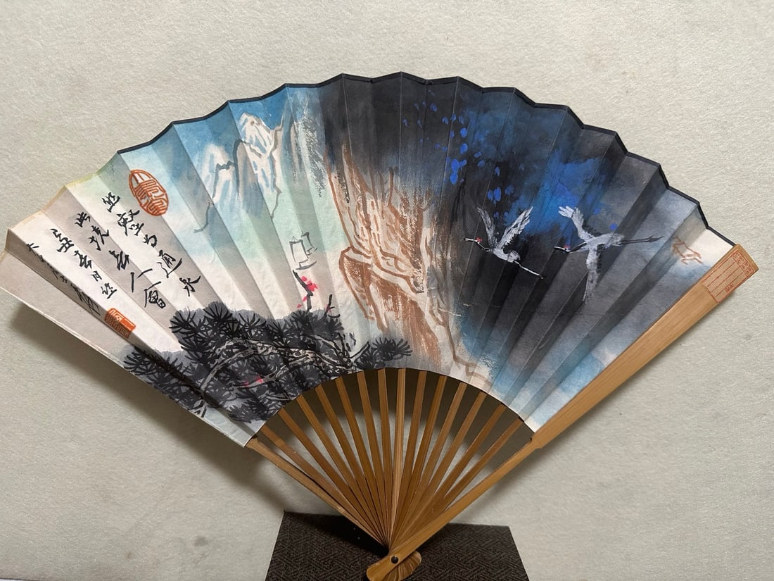 Folding Fan with Splashed-Color Landscape, by Zhang Daqian and Pu Ru: Folding Fan of Splashed-color Landscape by Zhang Daqian and Pu Ru, Modern Times. By Zhang Daqian and Pu Ru, masters of modern Chinese painting, handed down fan painting; on rice paper or fan face