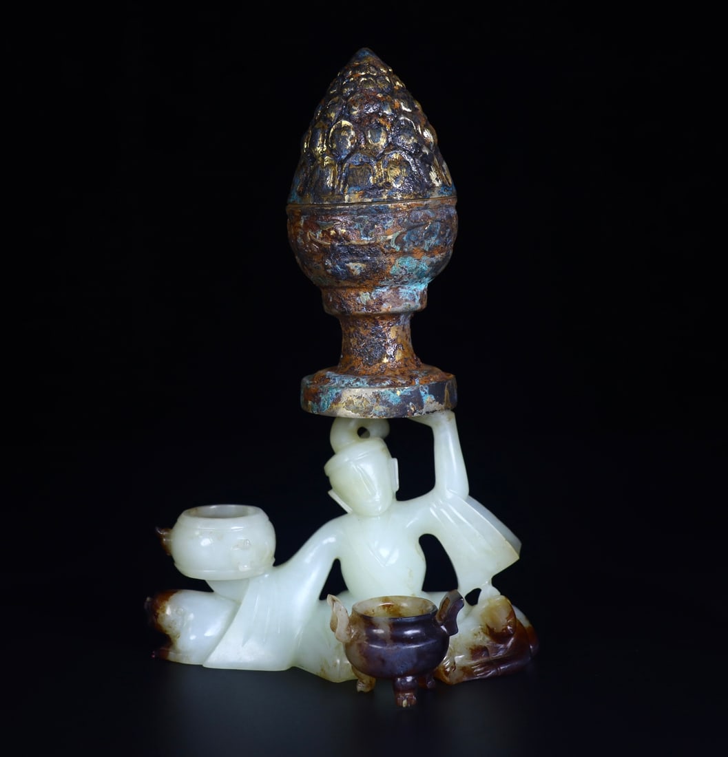 Hetian Jade Figure Topped Solid Silver Censer: Warring States-Han Hotan Jade Figure-top Silver Censer, H.20cm L.12.5cm W.9cm 522g. Ancient jade display or ritual object, unearthed or handed down; natural Hotan white jade with sugar tone and moist