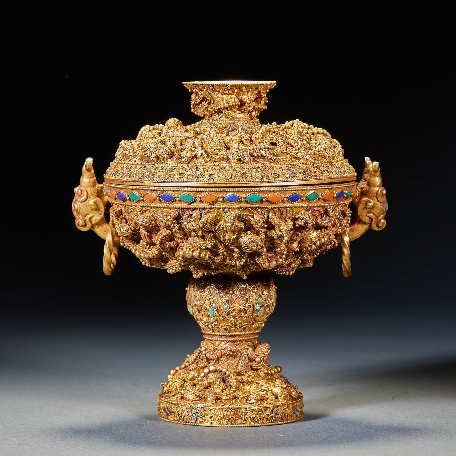 Gilt Silver Vessel with Double Beast Head Handles and Ring Handles, Beaded Gold Granulation: One silver-gilt bead-blasted vessel with double beast-head loop handles, H. 16.2cm, L. 15.5cm, W. 12.2cm, 744g, Ancient Times (Tang–Song/Ming–Qing Dynasties, gold and silver decorative vessel,