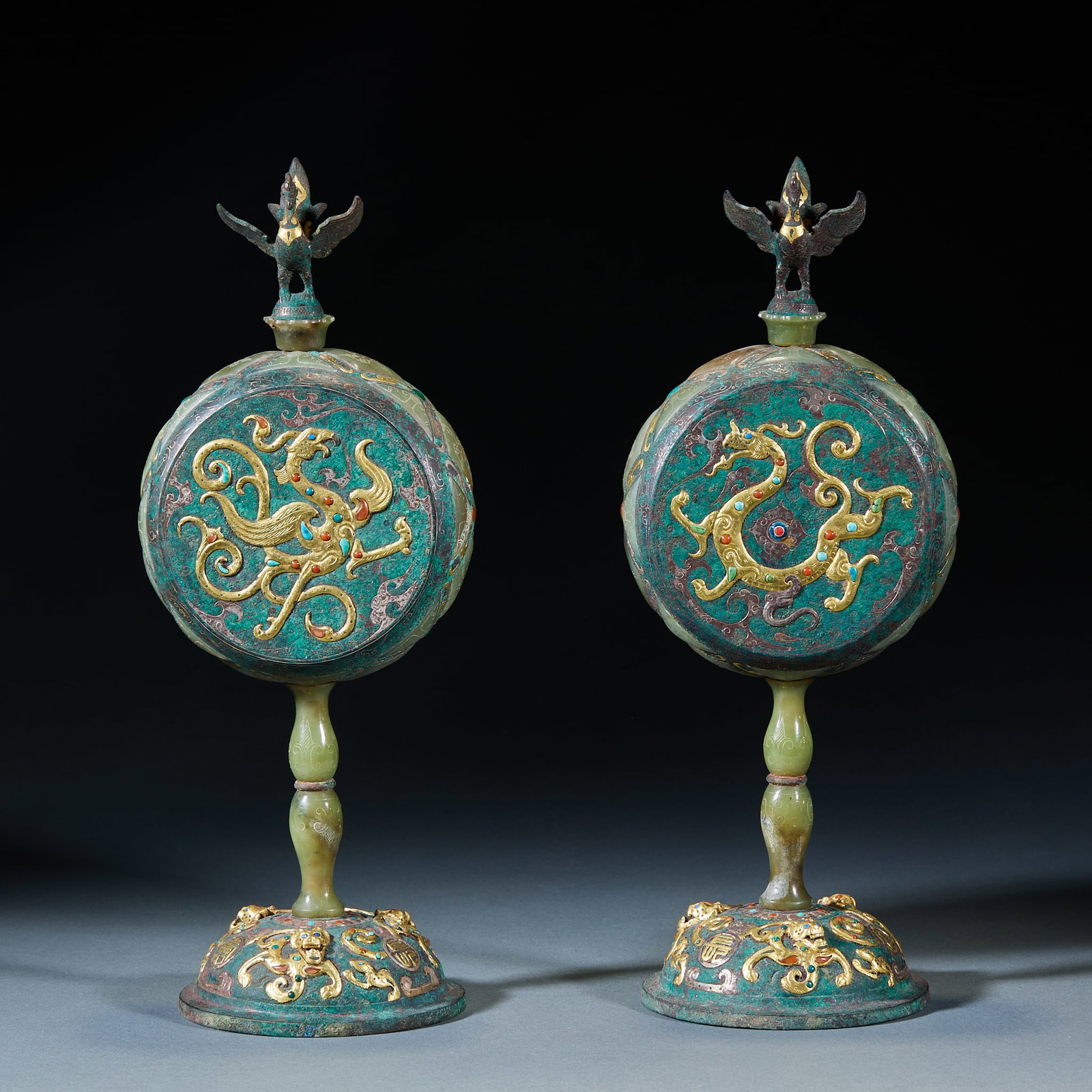 Pair of Gold and Silver Inlaid Drum-Shaped Objects with Dragon and Phoenix Motifs: Pair of Han Dynasty gold-inlaid and jade-inlaid drum-shaped vessels with dragon-phoenix patterns, H. 32cm, L. 12cm, W. 10cm, Warring States–Han Dynasties (ancient bronze ritual/decorative vessel,