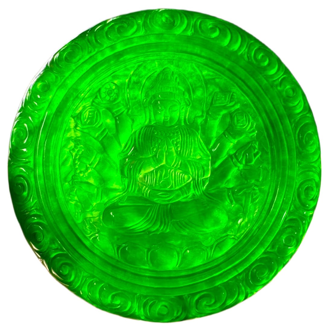 Perfect Ice-Transparent Jadeite Large Round Plaque of Thousand-Armed Guanyin (1 of 9)
