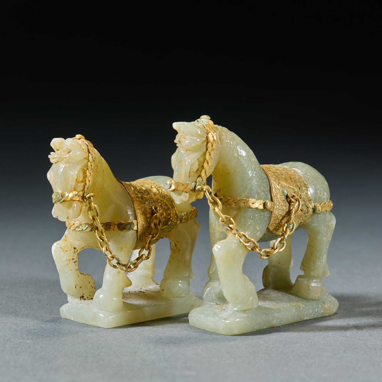 Gold-Inlaid Jade Ornament of Pair of Horses: Pair of Gold-Inlaid Jade Horse Figurines, H 5.5cm, L 5.3cm, W 2cm, 114g. Ancient period (Warring States-Han / Tang Dynasty, 475 BCE–907 CE), Hetian jade decorative object, hereditary antique, preser