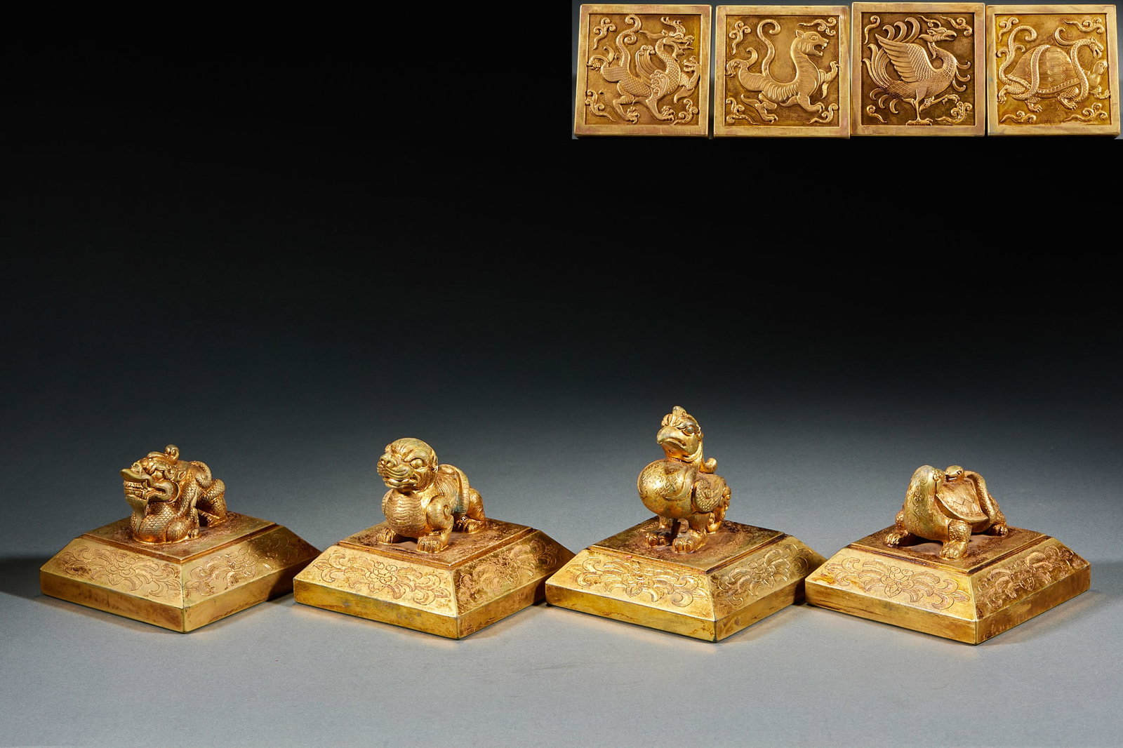 Khitan Culture, Gilt Bronze Four Divine Beasts Seal Set: Khitan Culture, Gilt Bronze Four Divine Beasts Seal Set, Each: Height 11.5cm, Length 11.5cm, Width 11.5cm