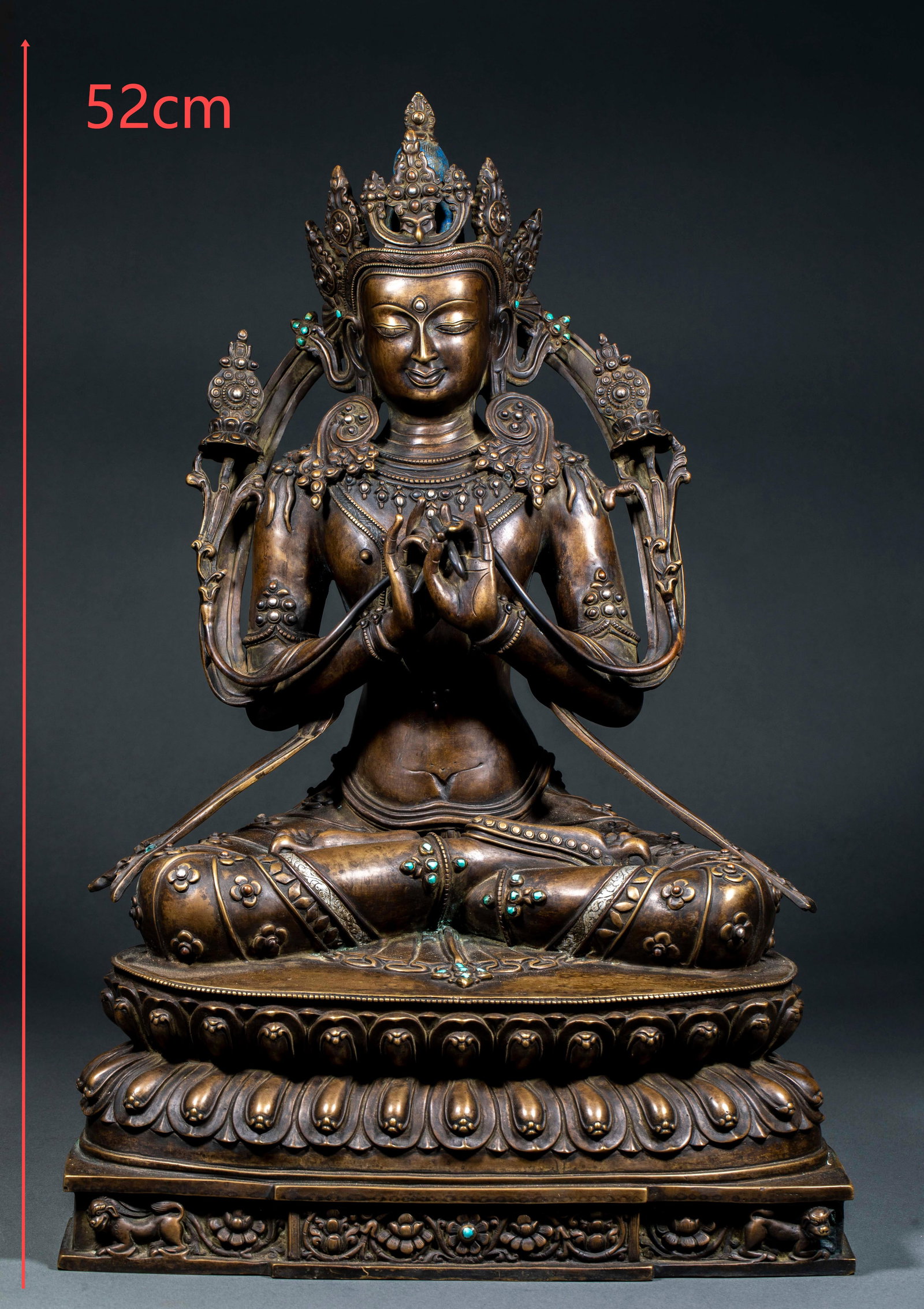 Copper Inlaid Tara Seated Statue: Copper Inlaid Tara Seated Statue, Height 52cm, Length 35.5cm, Width 26cm, Weight 14050g